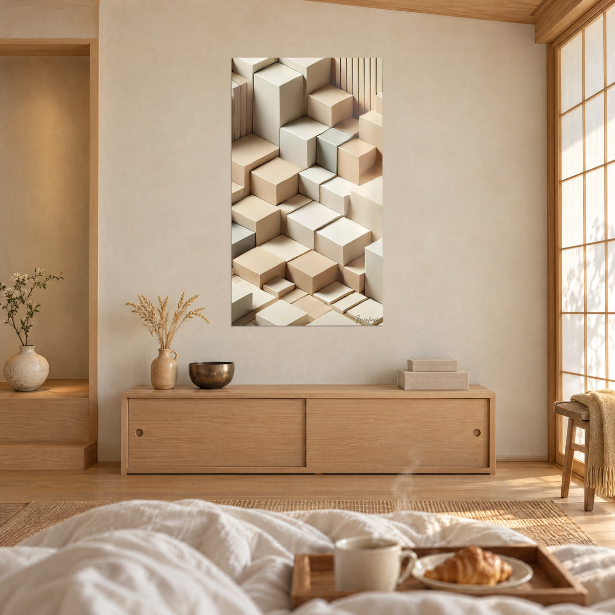Gemälde Kaskade kubischer Volumen in Elfenbein und Sand, hochformat, vor einem Schlafzimmer mit weißer Bettwäsche, über einem Bett in einem hellen Schlafzimmer