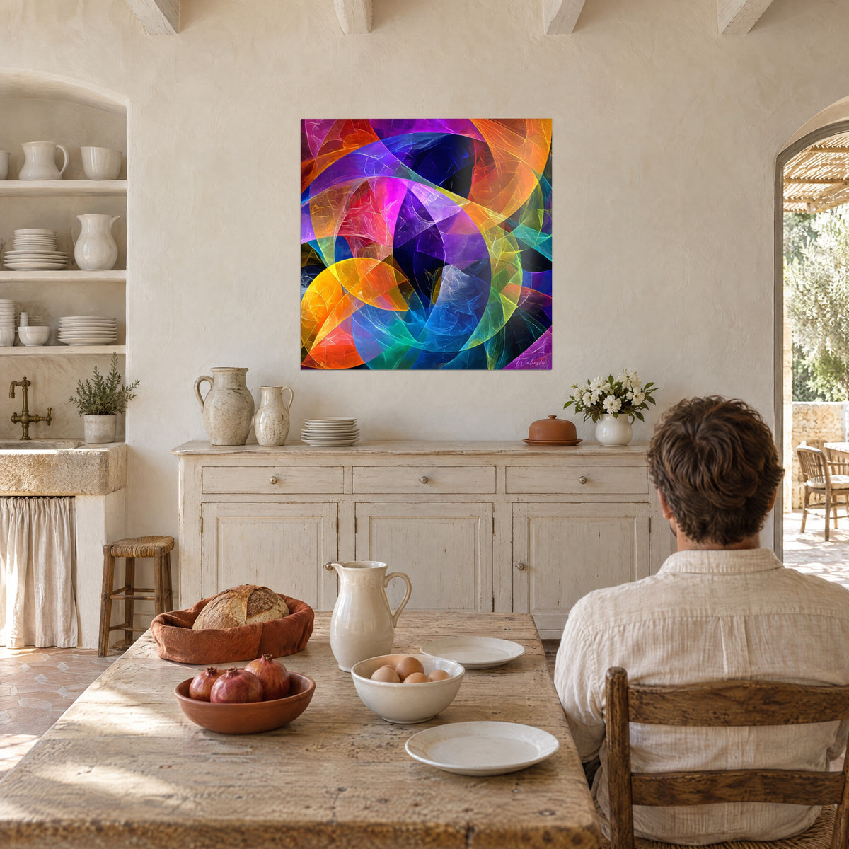 Tableau cercles entrelacés aux transparences émeraude, orange et indigo, face à un homme attablé dans une cuisine de mas provençal