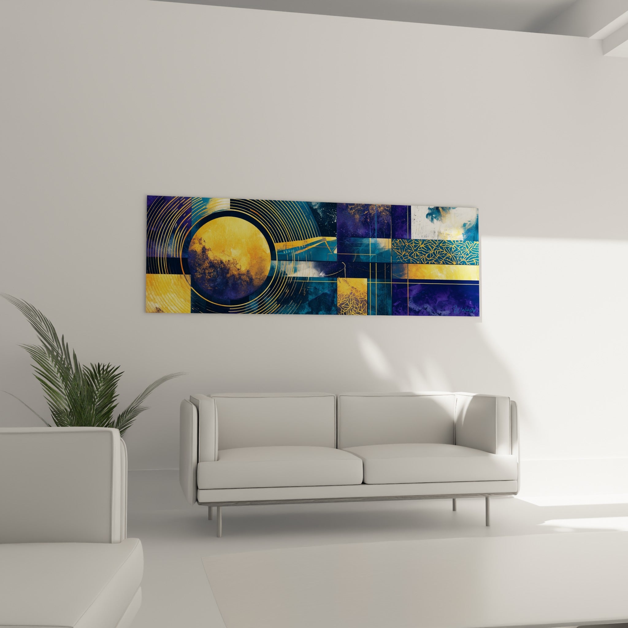 Blocs bleu marine et doré structurés en damier graphique, tableau géometrique abstrait au-dessus d'un canapé dans un salon lumineux