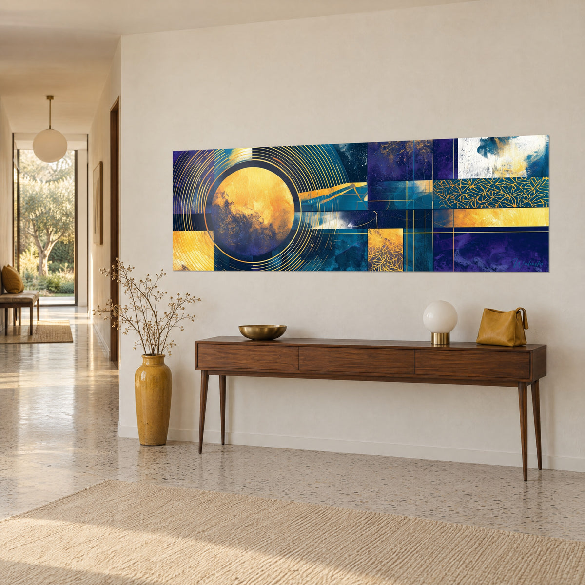 Quadro con un pianeta ocra circondato da anelli dorati, tessere blu anatra e viola, linee dorate, su una parete beige sopra una consolle