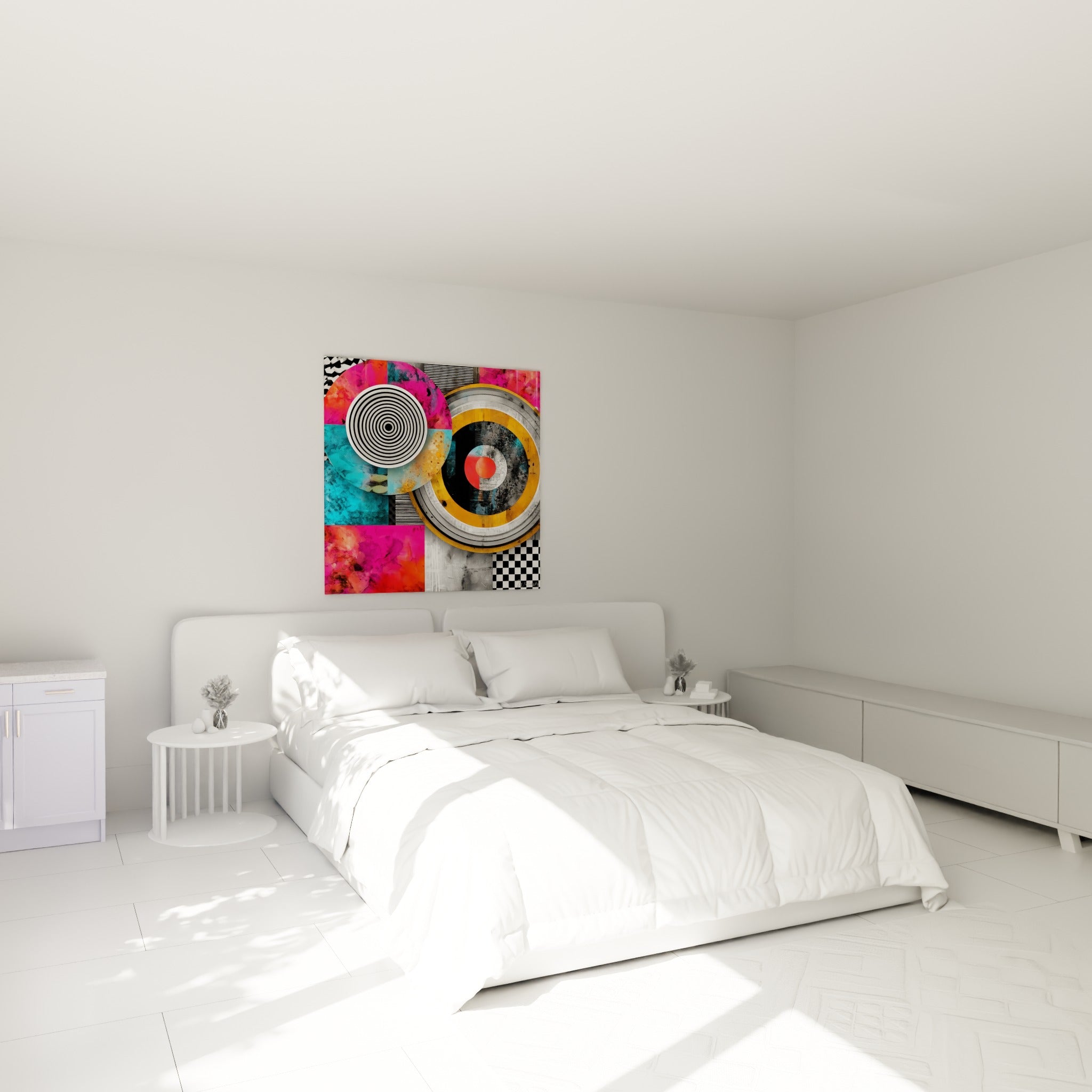 Composition circulaire géométrique abstrait rose et anthracite au-dessus d'un lit dans une chambre claire