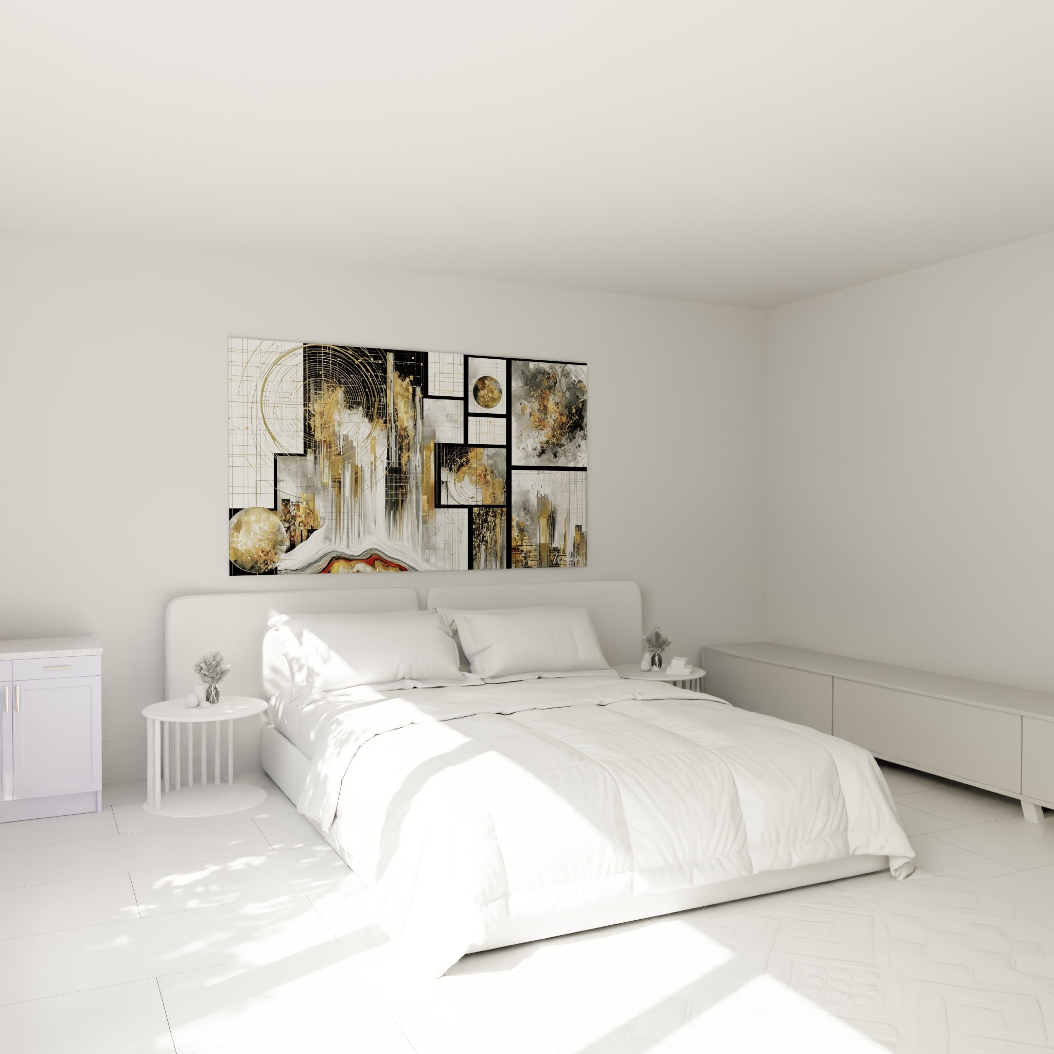 Composition géométrique abstraite dorée et noire au-dessus d'un lit dans une chambre claire