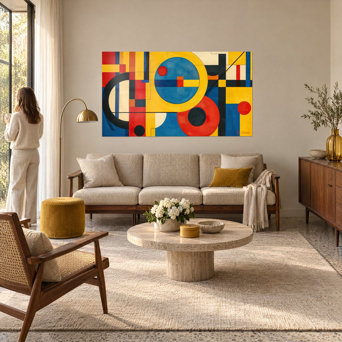 Tableau cercles et rectangles colorés, bleu et jaune éclatants, en peinture abstraite, au-dessus d'un canapé dans un salon lumineux
