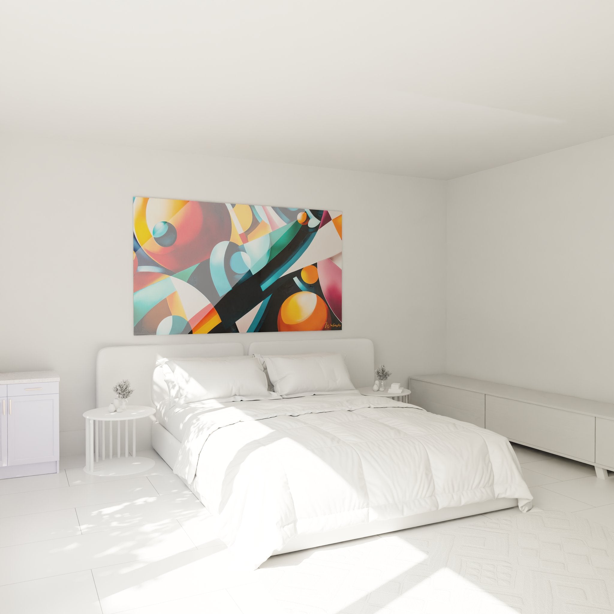 Tableau géométrique abstrait coloré installé dans chambre moderne, décoration murale design contemporain