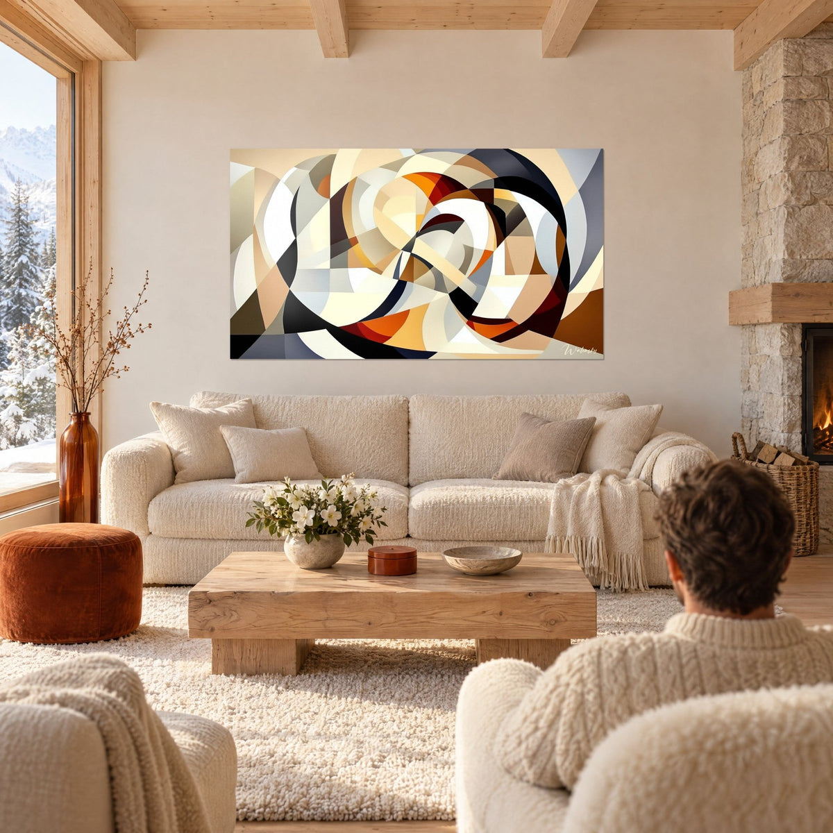 Wall art interlaced cream, black and orange arches on a white wall, a person seen from behind, above a sofa in a bright living room