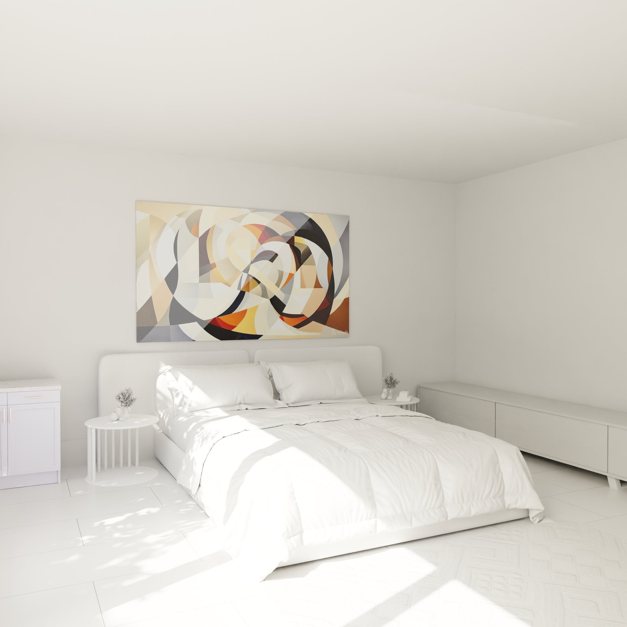 Décoration chambre tableau géométrique abstrait cercles entrelacés ambiance moderne