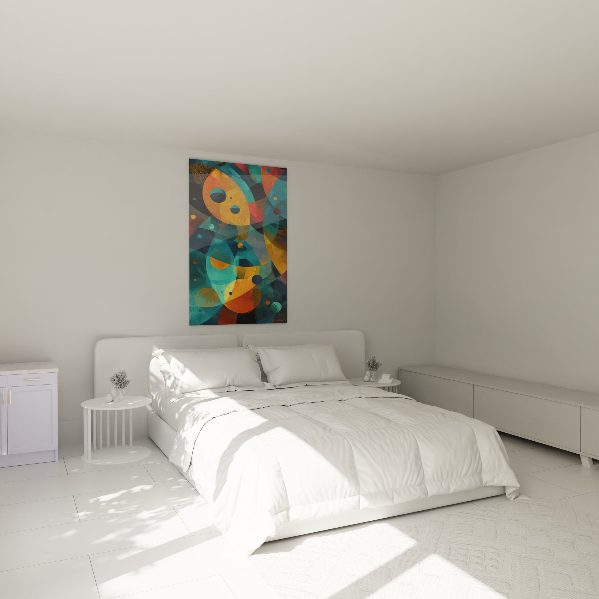 Ambiance chambre avec tableau géométrique abstrait coloré, décoration murale moderne aux tons orange et bleu