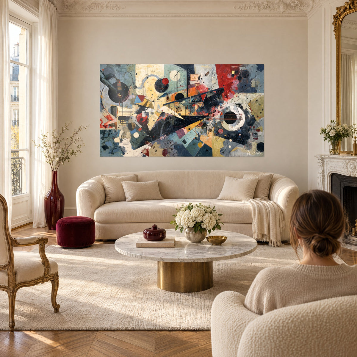 Tableau composition abstraite aux triangles rouge brique et cercles noirs, fond bleu-gris, au-dessus d'un canapé dans un salon lumineux
