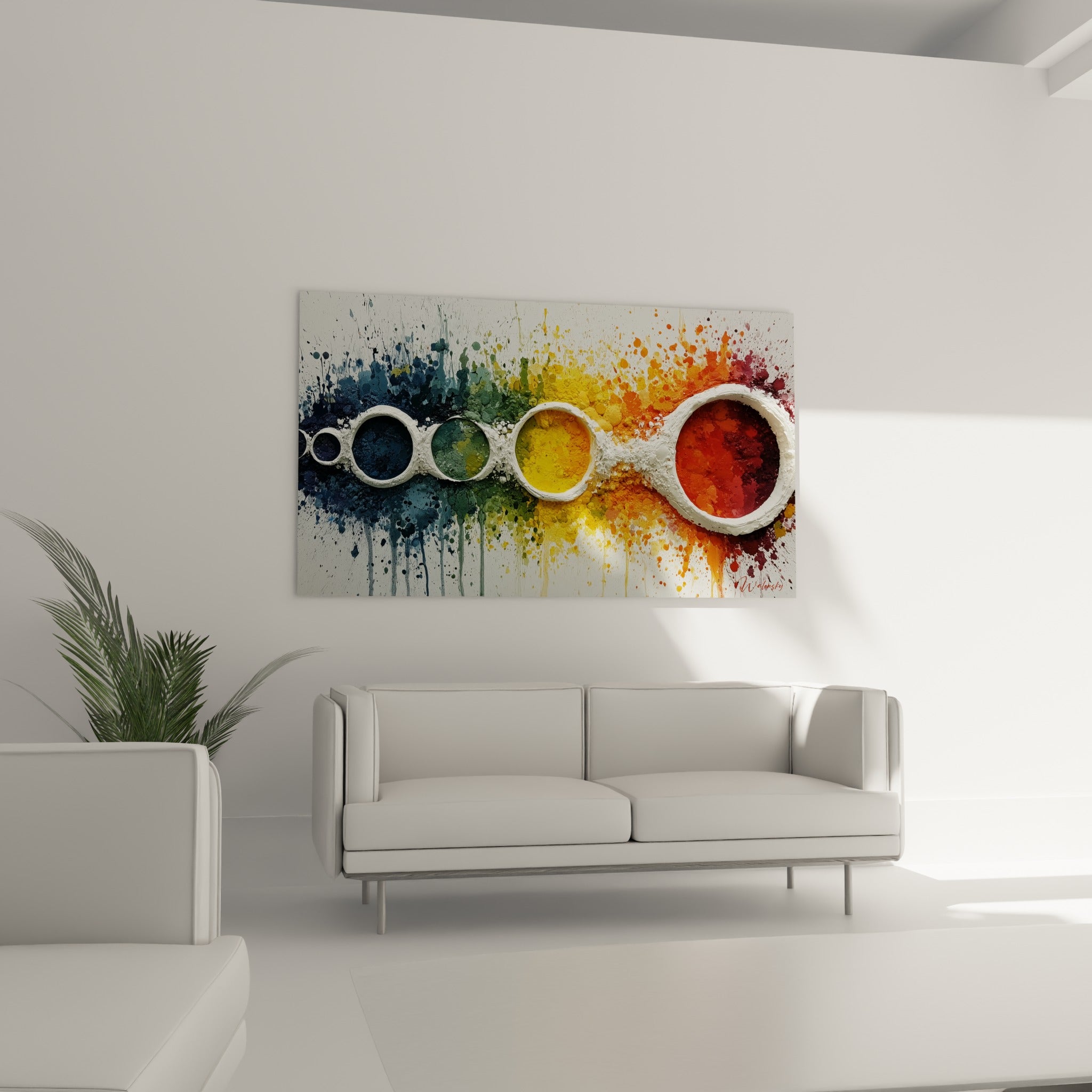 Dégradé de vert sauge et rouge fauve en cercles concentriques, tableau géometrique abstrait au-dessus d'un canapé dans un salon lumineux