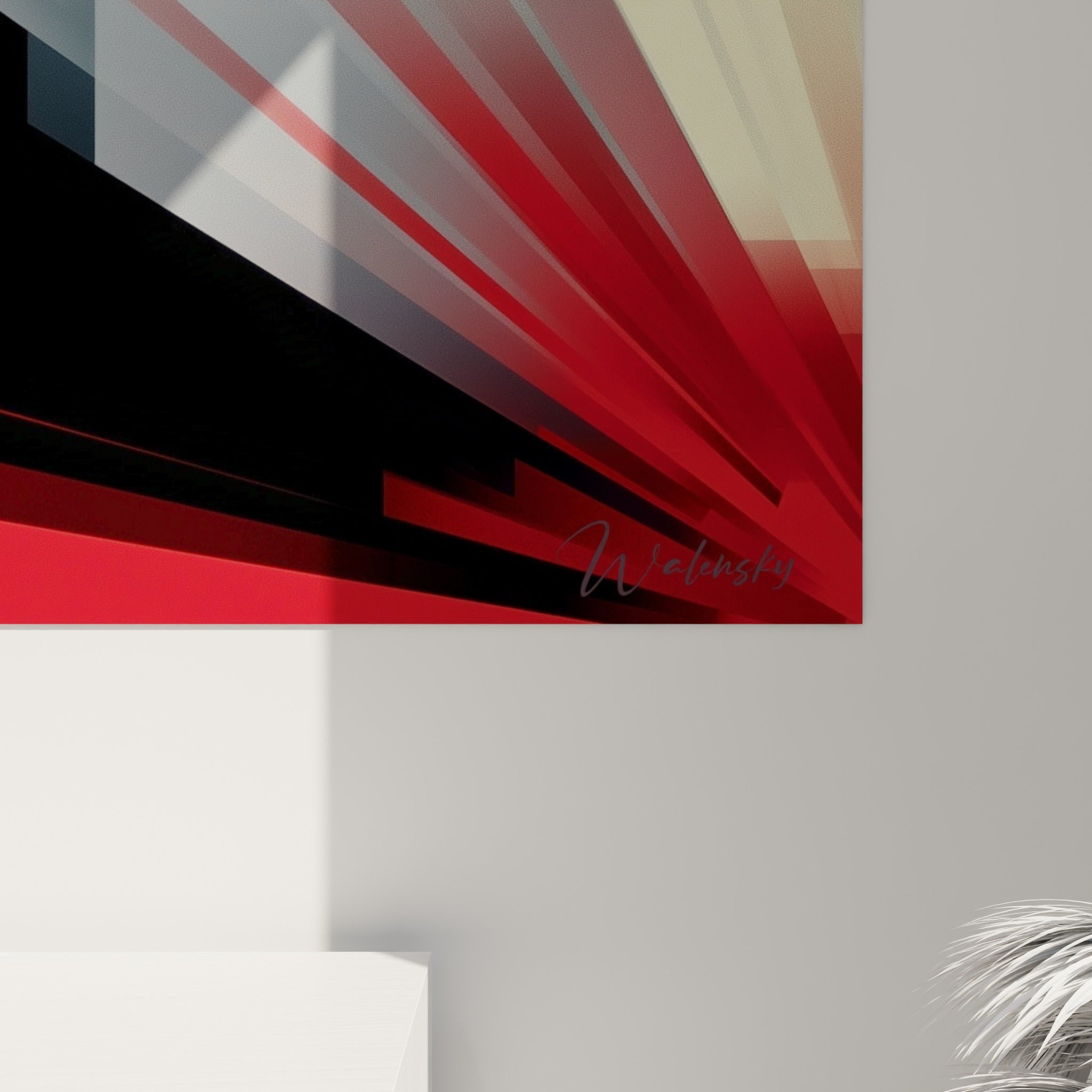 Détail des textures lisses et des dégradés rouge sombre et crème sur la toile géométrique abstraite accrochée