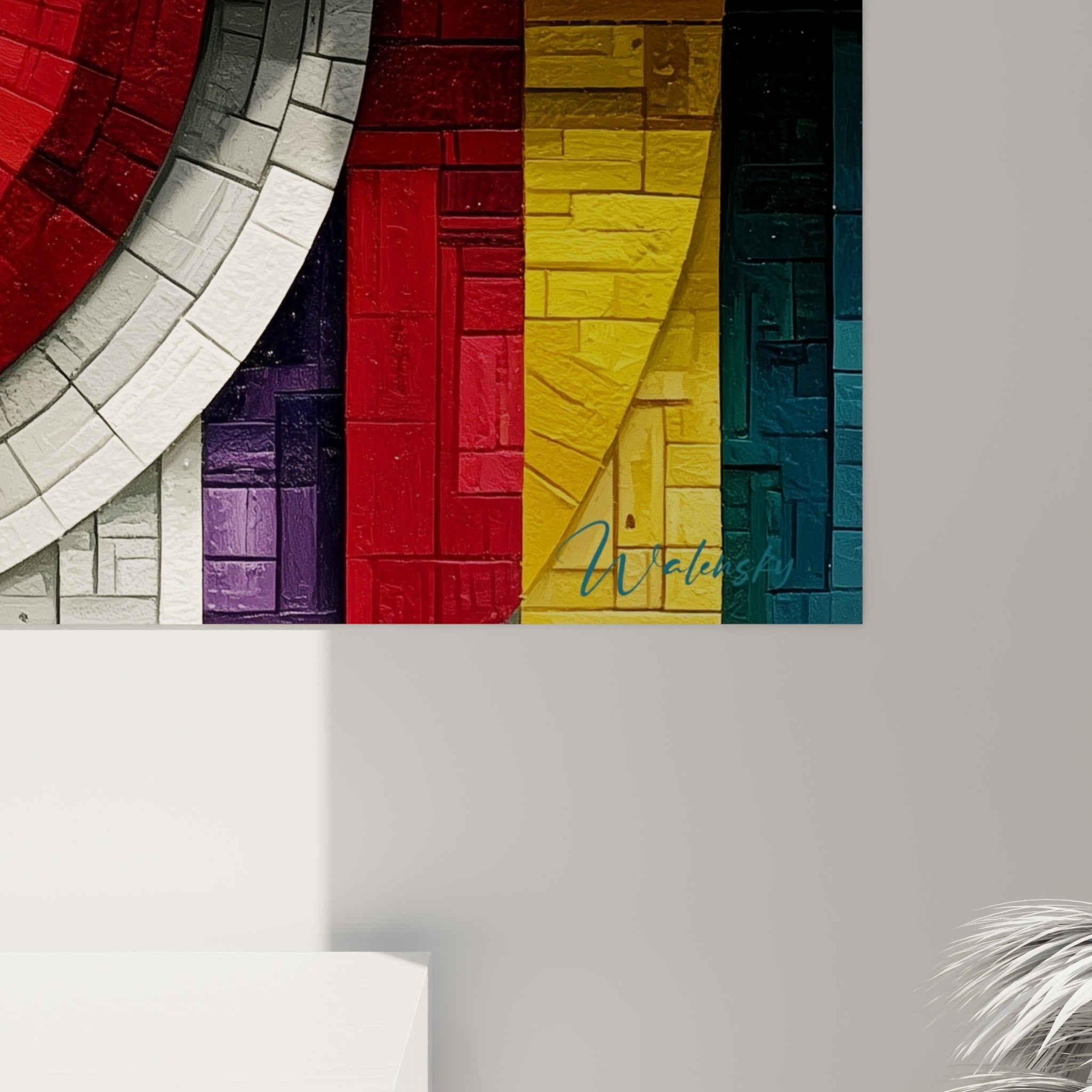 Détail des anneaux concentriques rouge, blanc et noir, relief en mosaïque texturé visible de près