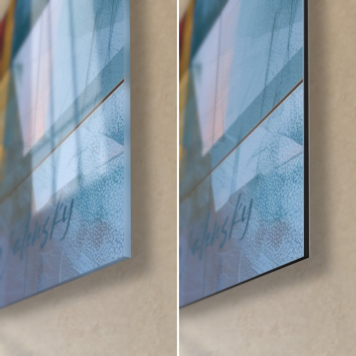 Quadro ritratto dorato cubista, angolo in basso a destra: vetro blu lucido a sinistra, Dibond nero opaco e bordo a destra
