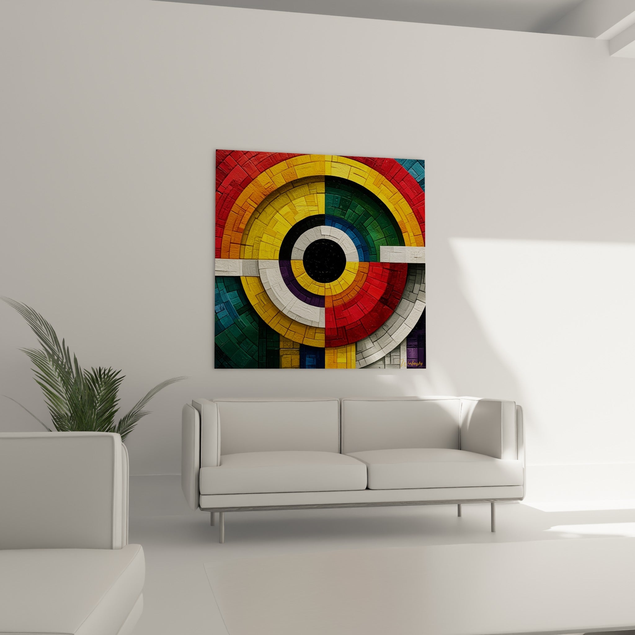 Mosaïque circulaire géométrique abstraite jaune et anthracite, au-dessus d'un canapé dans un salon lumineux