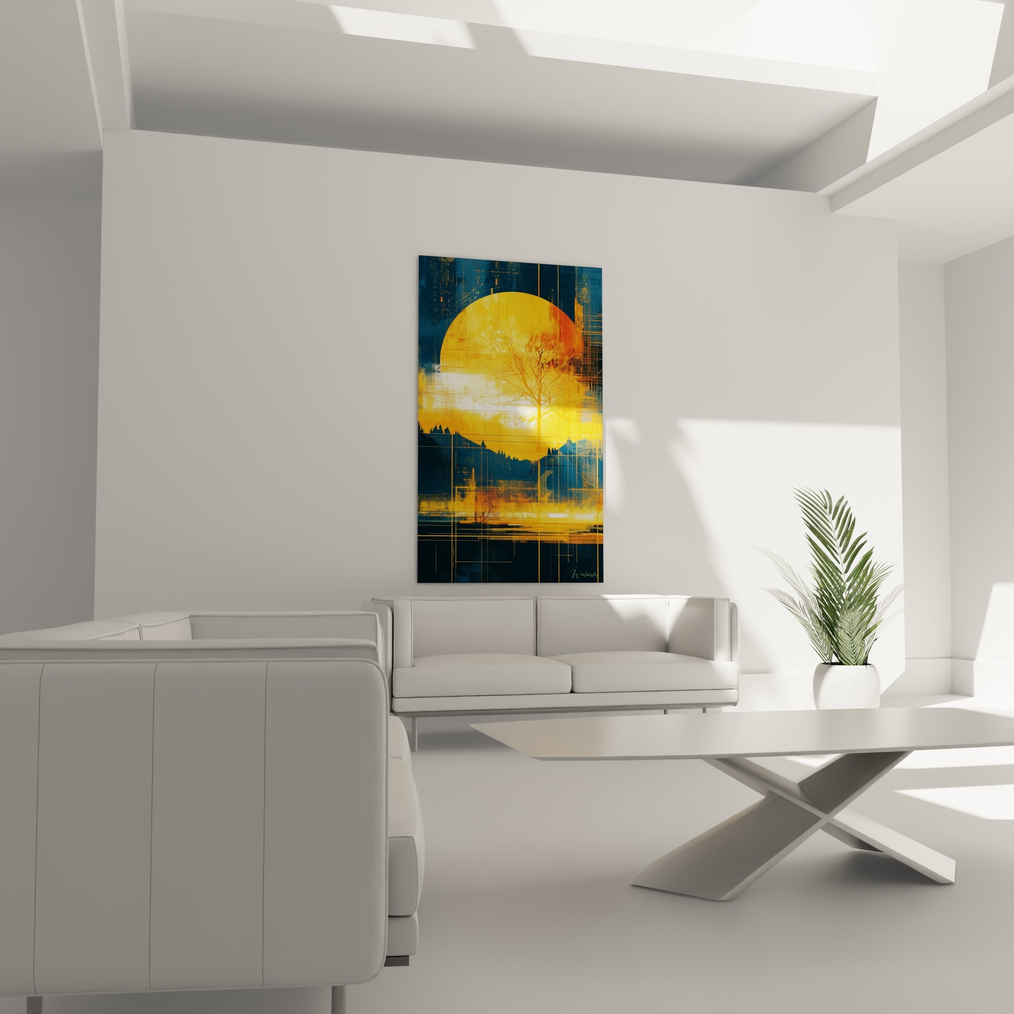 Paysage bleu marine et doré de ce tableau géométrique abstrait au-dessus d'un canapé dans un salon lumineux