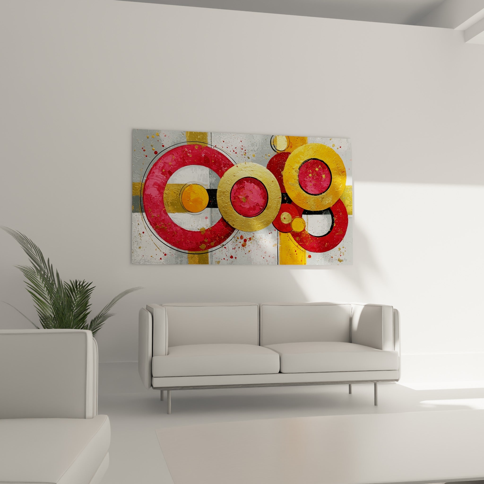 Composition de cercles bordeaux et jaune moutarde imbriqués au-dessus d'un canapé dans un salon lumineux