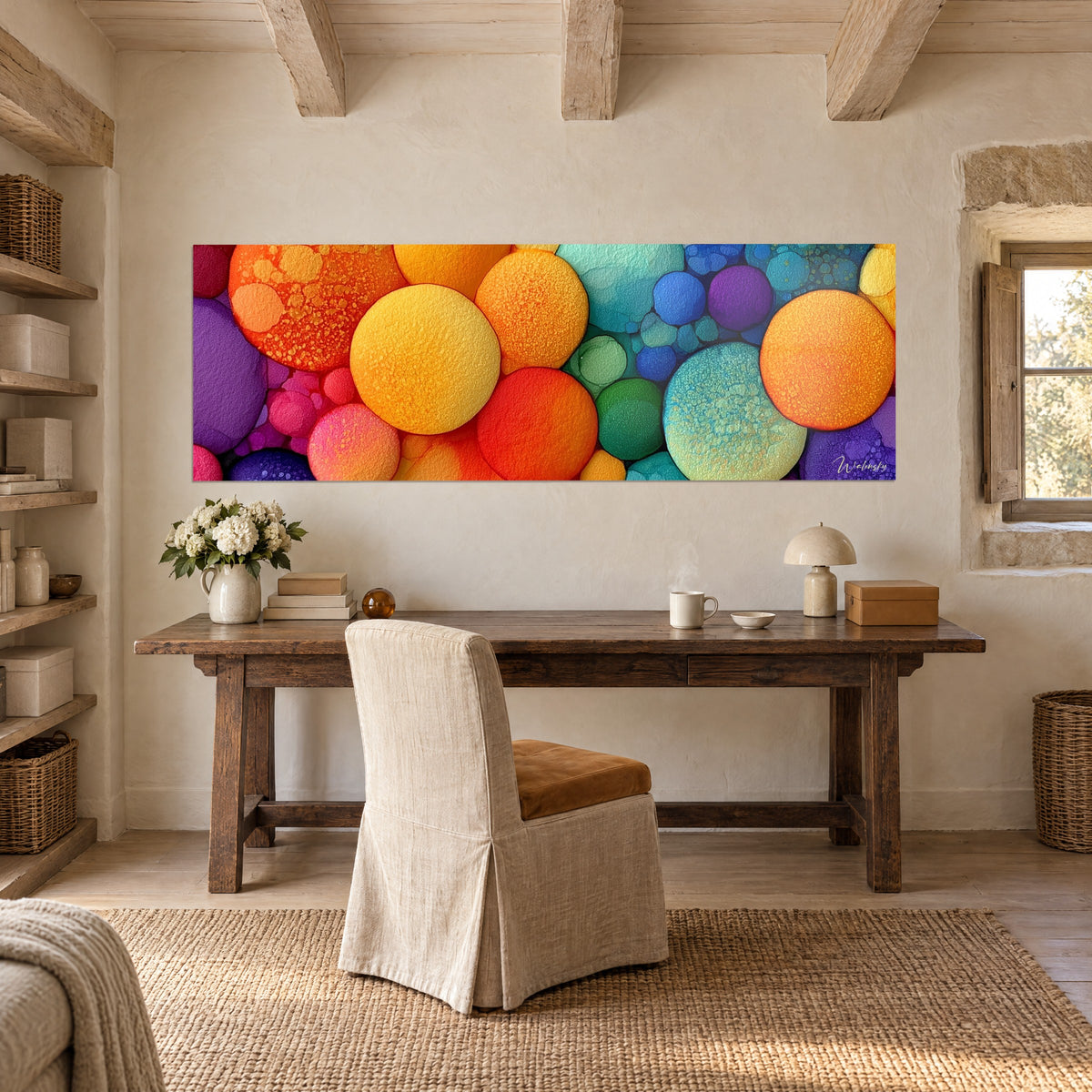 Schilderij met een constellatie van felle oranje, gele en groene schijven, boven een houten bureau tegen stenen muren