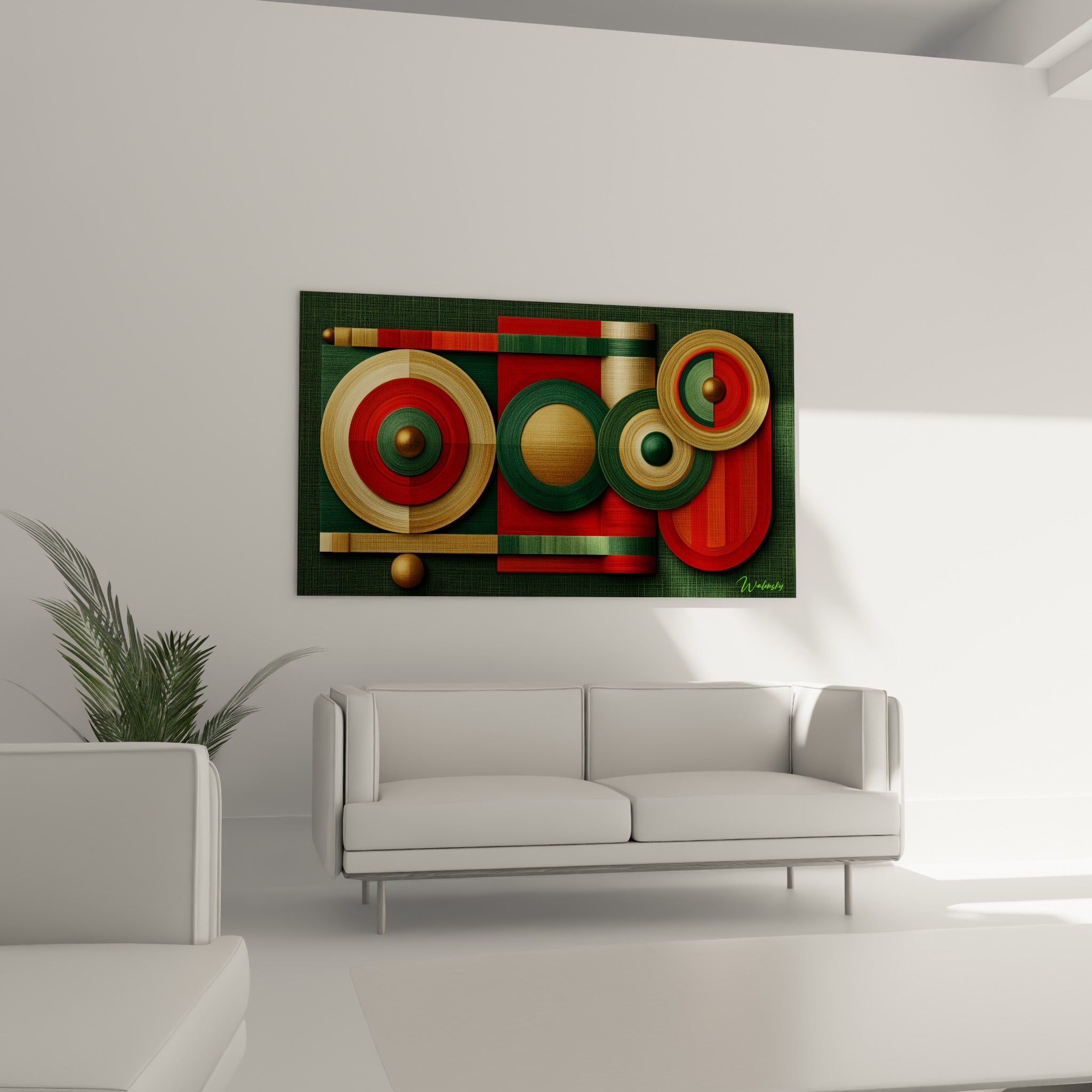 Disques verts et dorés de ce tableau géométrique abstrait au-dessus d'un canapé dans un salon lumineux