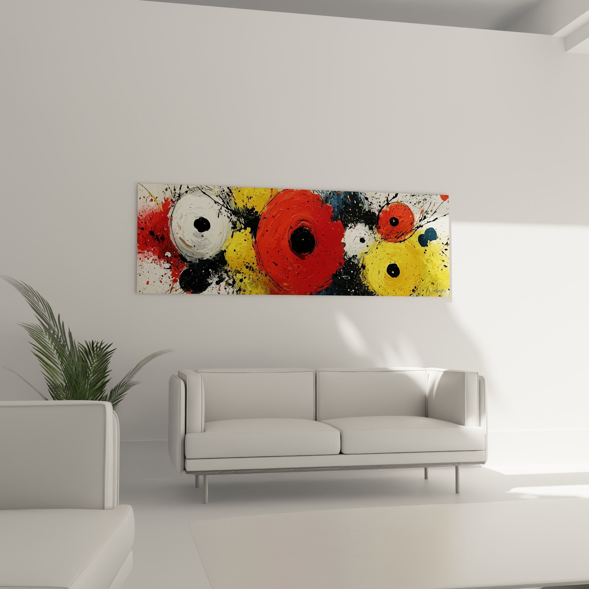 Disques rouge et jaune doré aux coulures noires, tableau géométrique abstrait au-dessus d'un canapé dans un salon lumineux