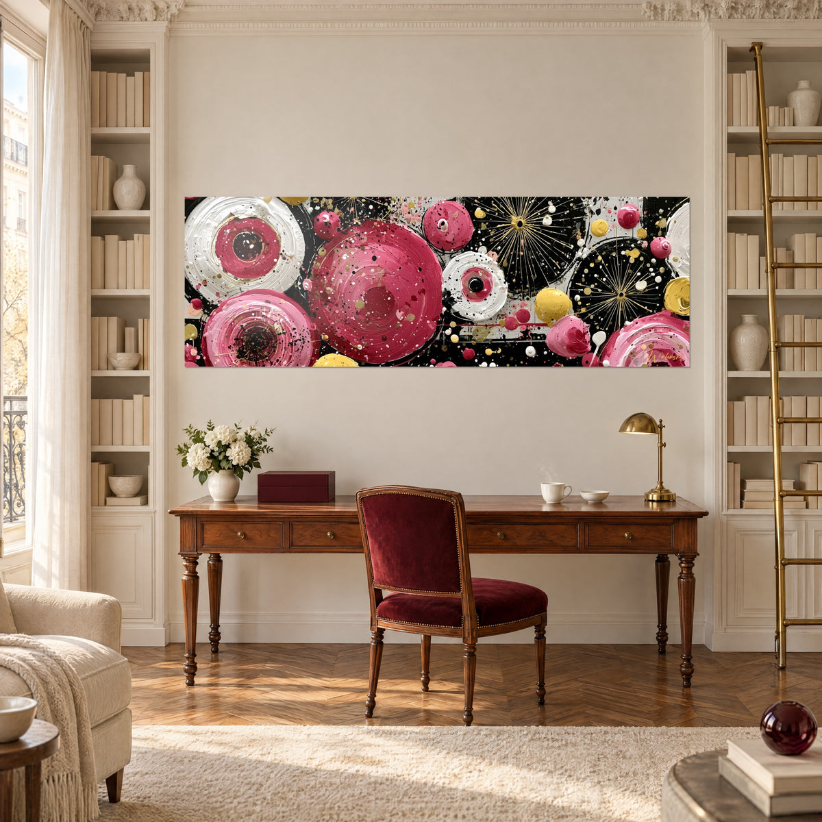 Quadro con un'esplosione festosa di dischi rosa, stelle dorate a filo su nero, scrivania in legno, sedia bordeaux, libreria