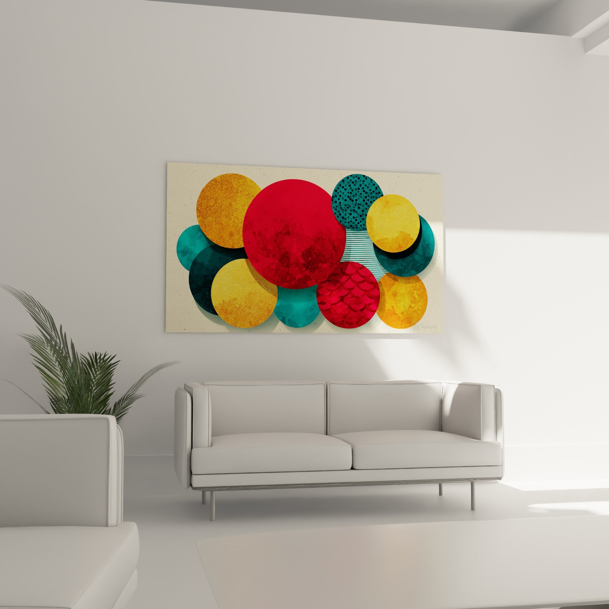 Bulles colorées sarcelle et orange sable en tableau géométrique abstrait, au-dessus d'un canapé dans un salon lumineux