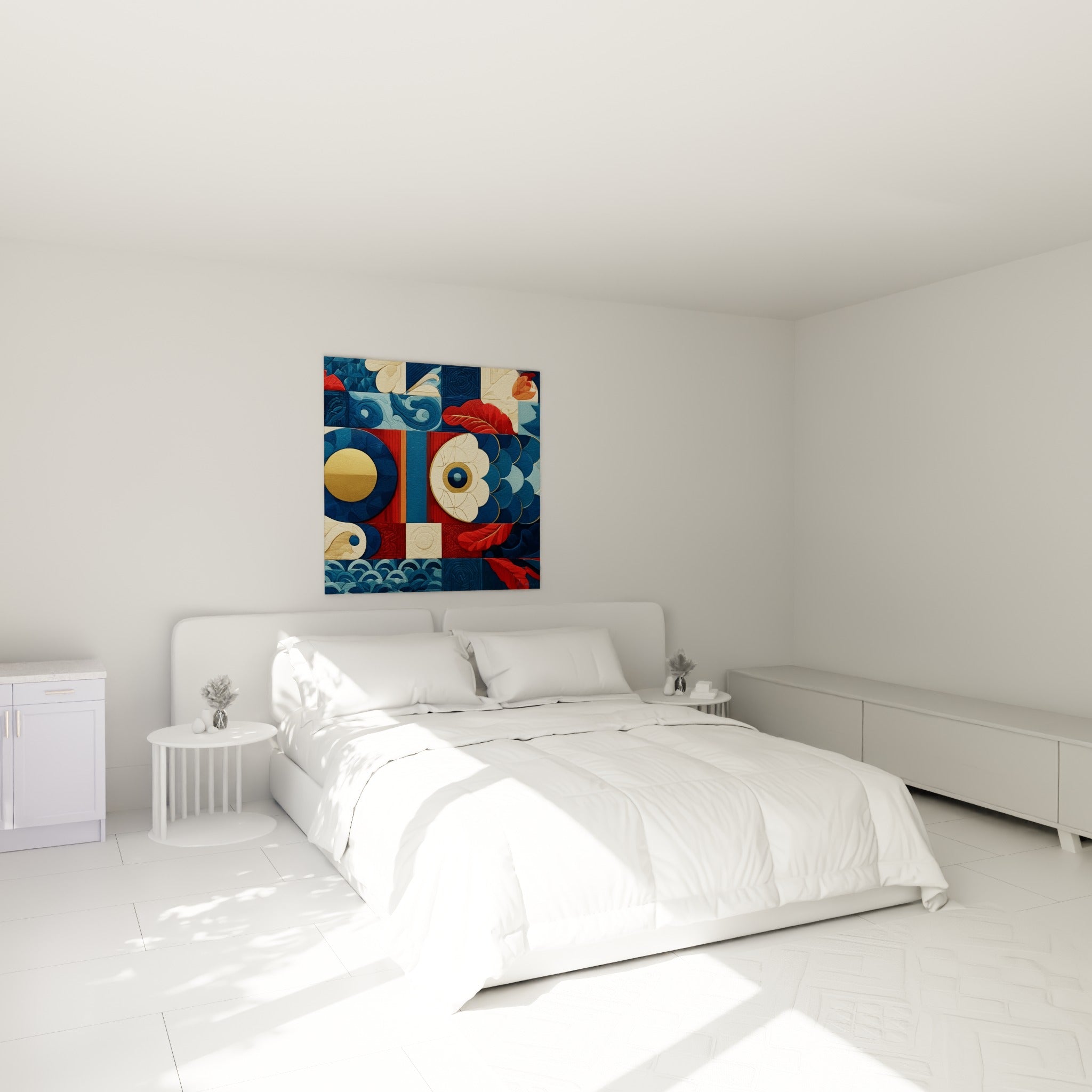 Motifs bleu marine et rouge de ce poisson géometrique abstrait au-dessus d'un lit dans une chambre claire