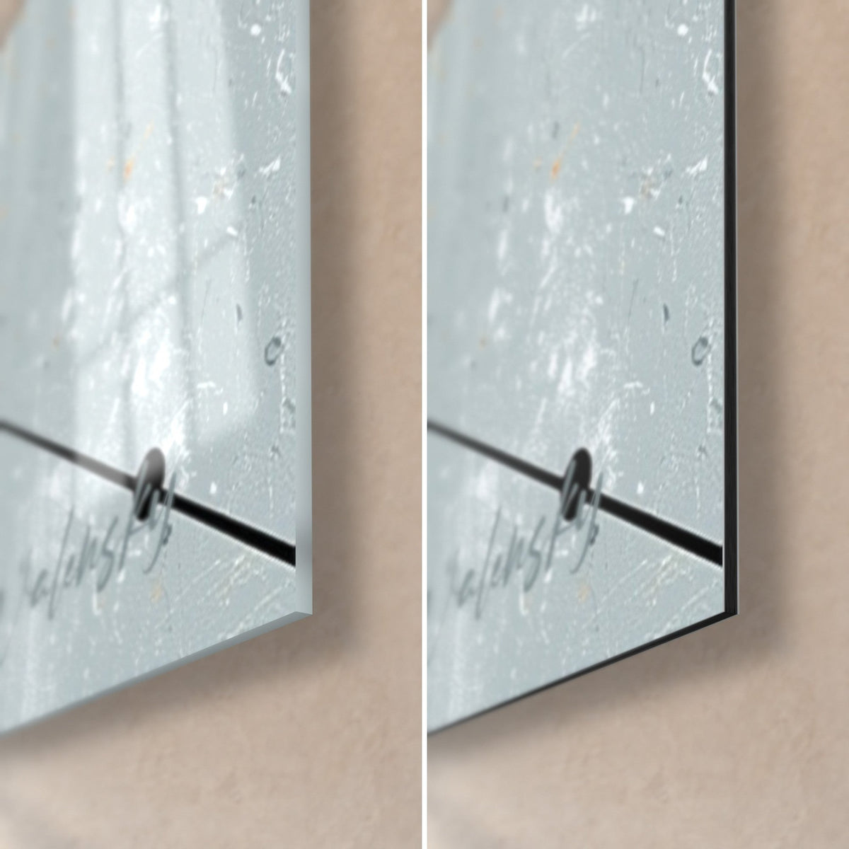 Wall art of blue and orange splashed circles, lower right corner, glossy acrylic glass on the left, matte black Dibond and edge on the right