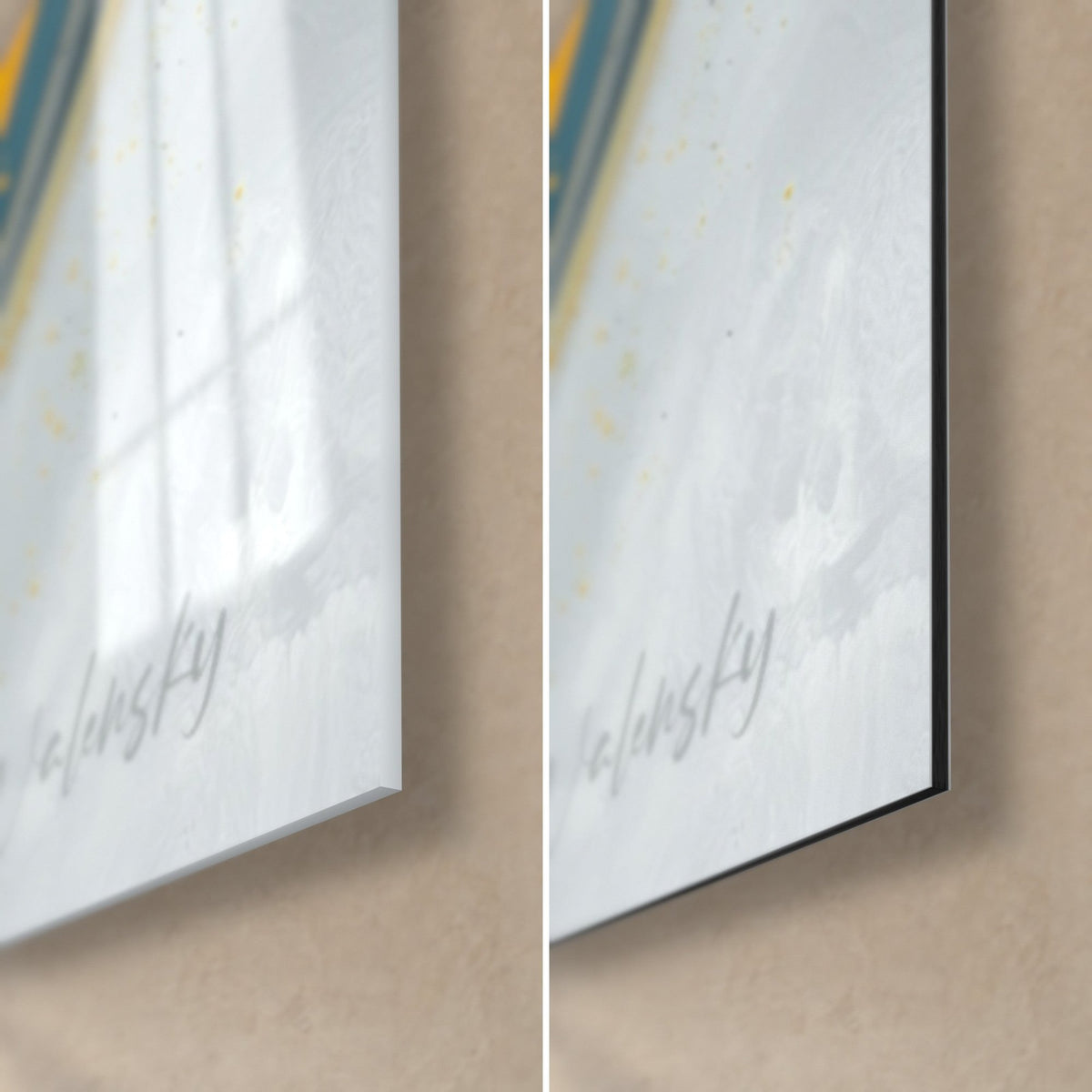 Wall art with a golden spiral on a pearl grey background, bottom right corner, Walensky signature, 3 mm edge of glossy glass and matte Dibond