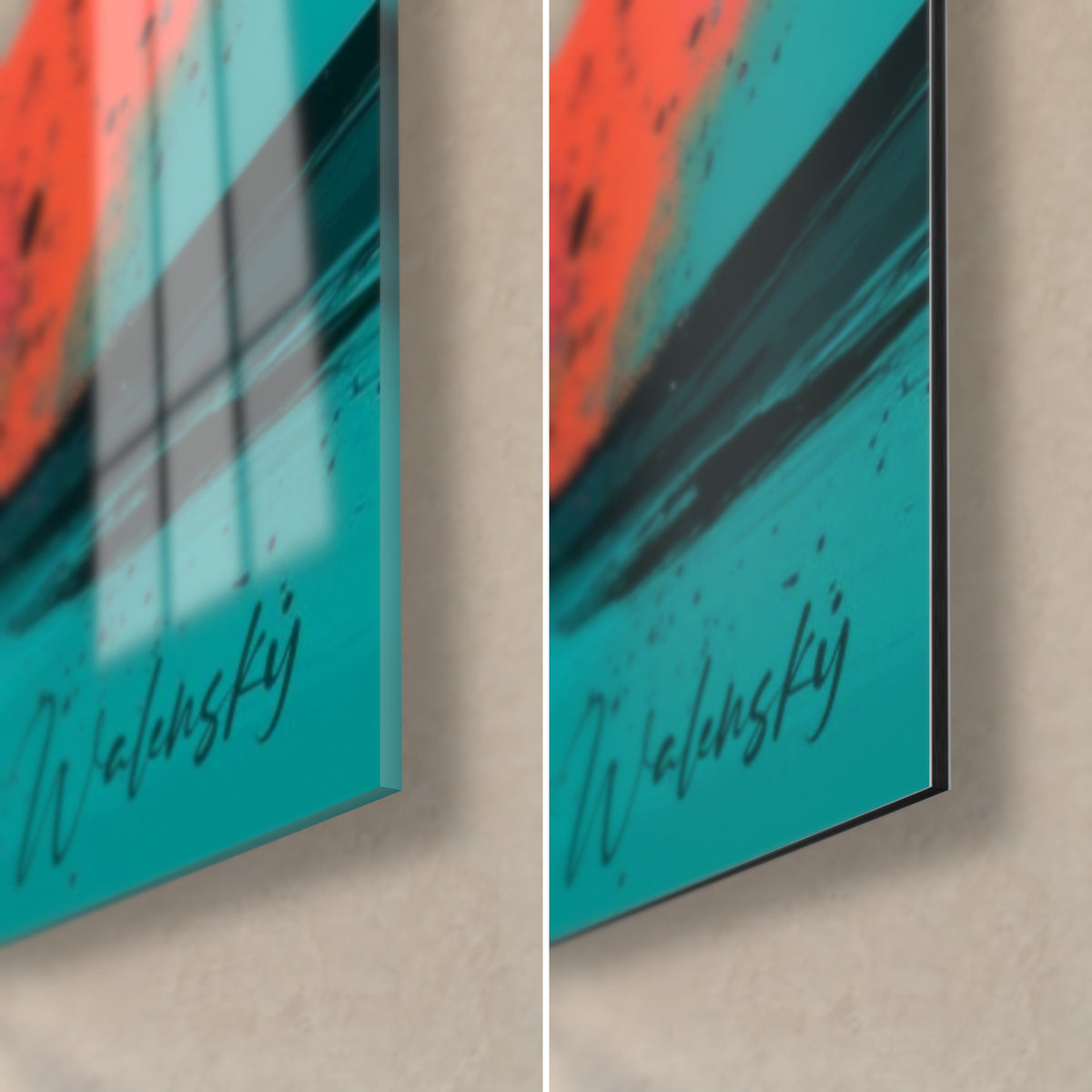Schilderij uitbarsting van turquoise en koraalkleurig poeder, zwarte Walensky-handtekening, rechtsonder hoek in glanzend glas en mat Dibond