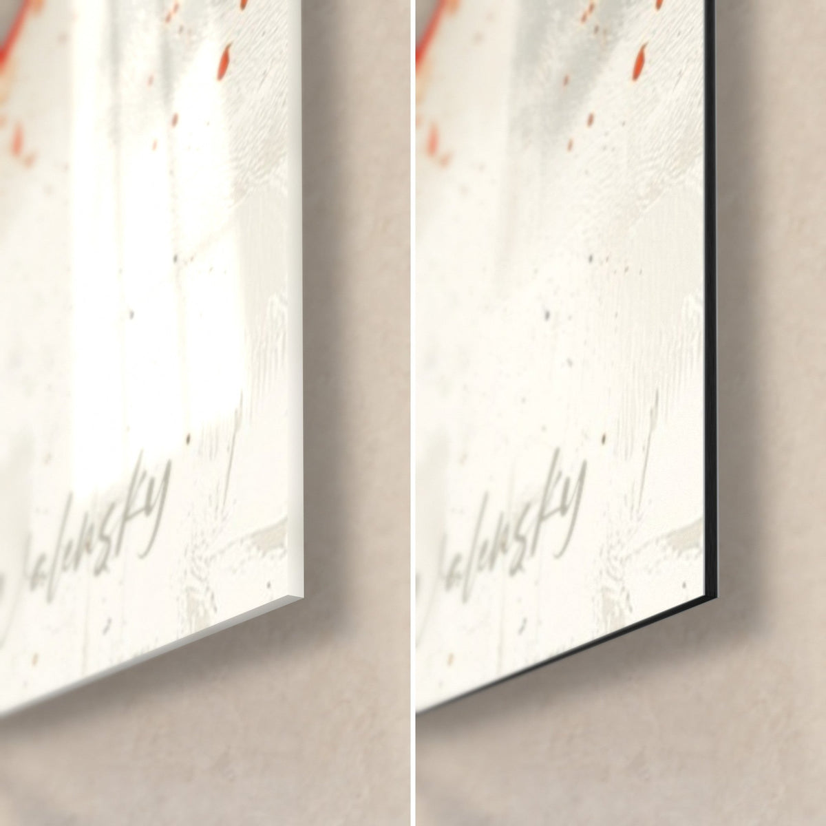 Wall art with orange balls and grey strokes, bottom right corner: glossy acrylic glass on the left, matte Dibond aluminium on the right, 3 mm black edge