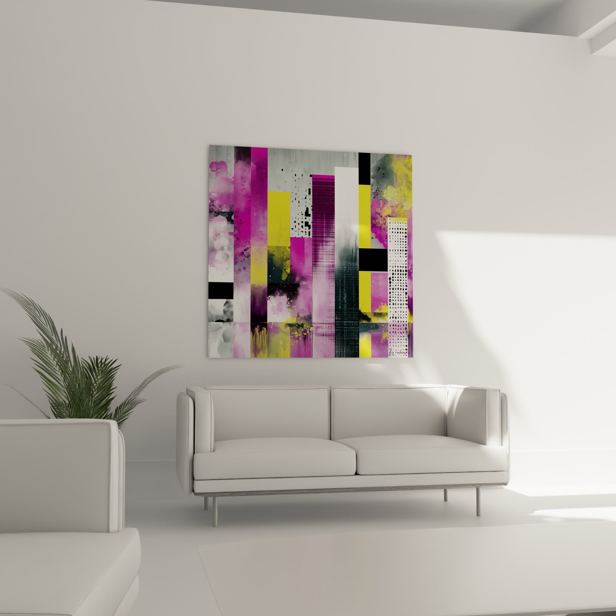 Bandes verticales magenta, jaune et blanc d'un tableau géométrique abstrait, au-dessus d'un canapé dans un salon lumineux