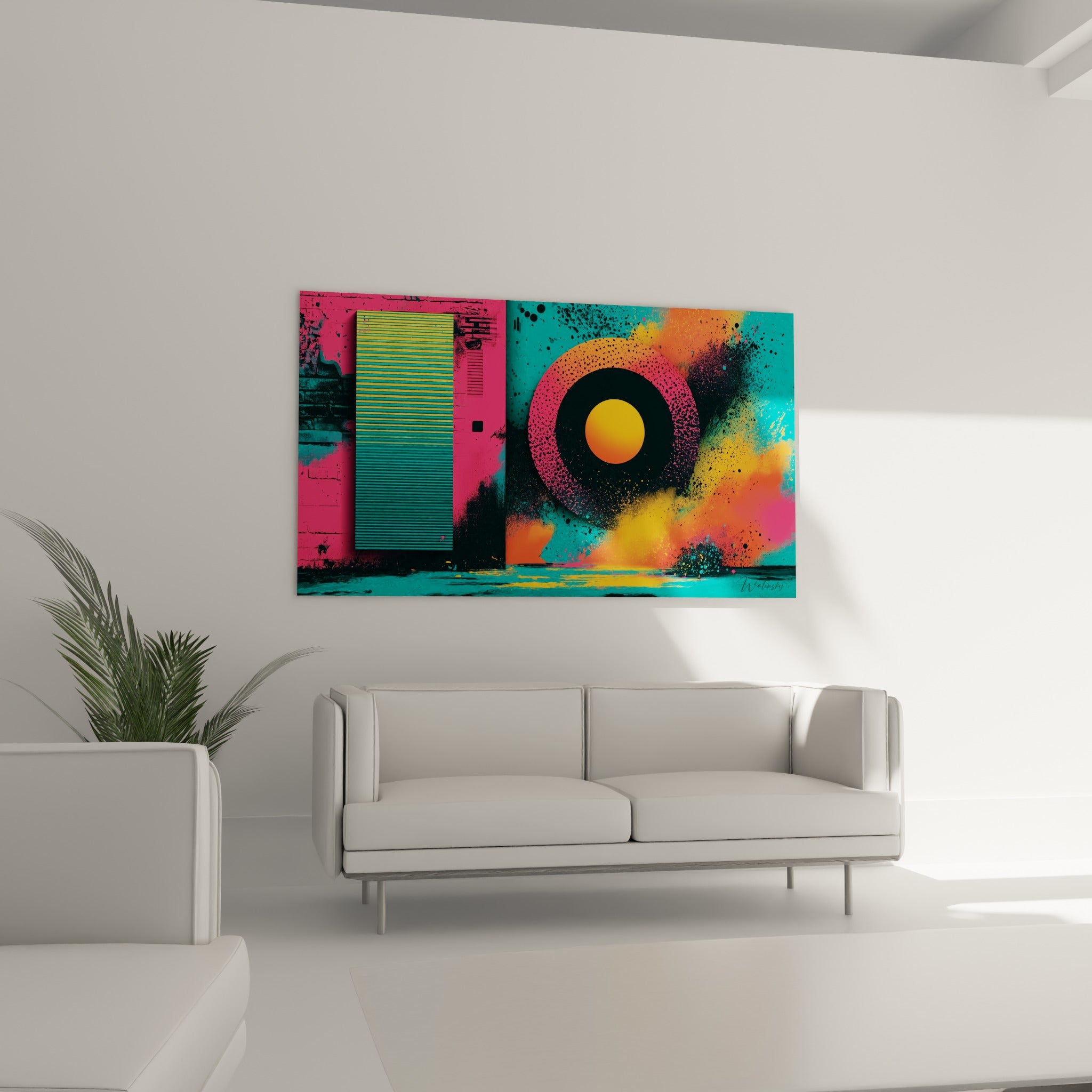 Éclaboussures turquoise et orange de ce tableau géométrique abstrait au-dessus d'un canapé dans un salon lumineux