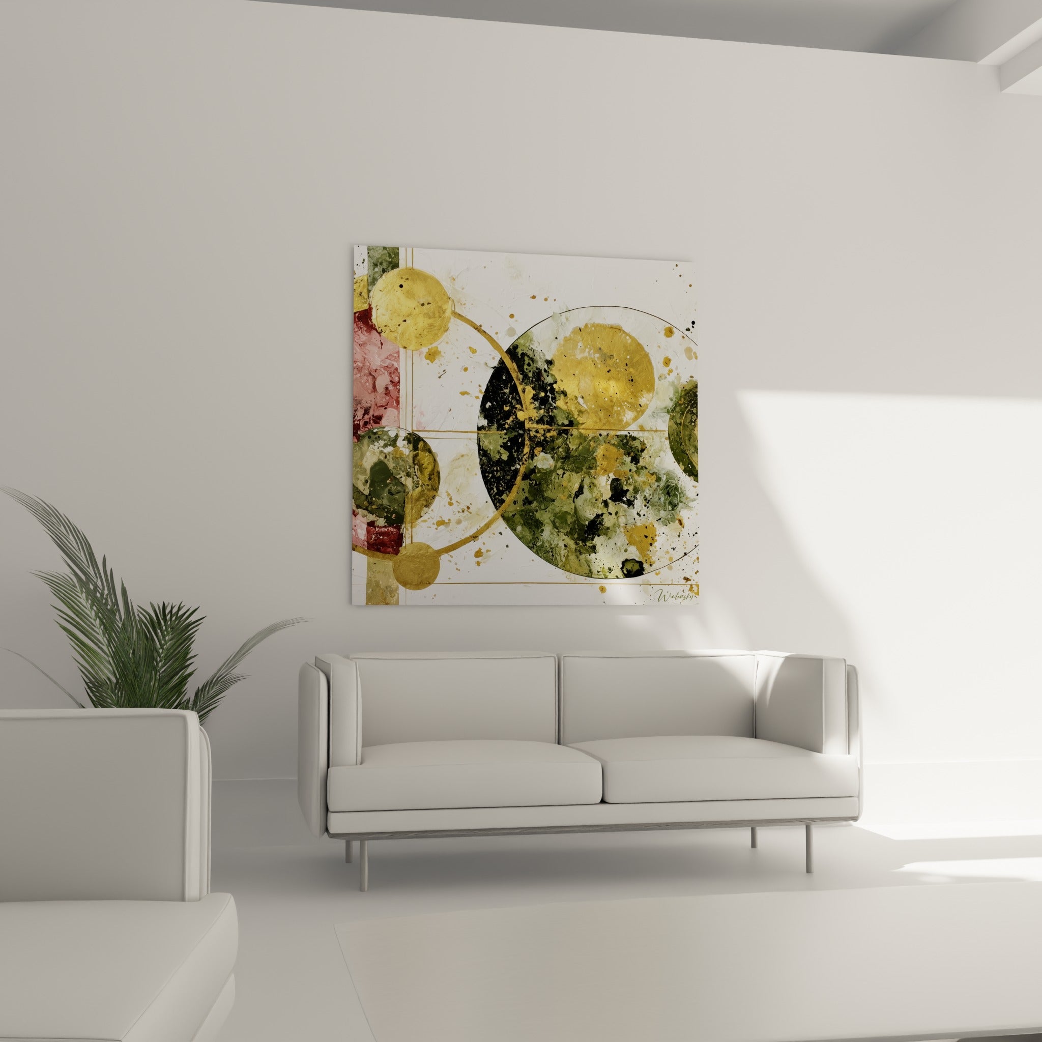 Formes circulaires dorées et olive du géométrique abstrait au-dessus d'un canapé dans un salon lumineux