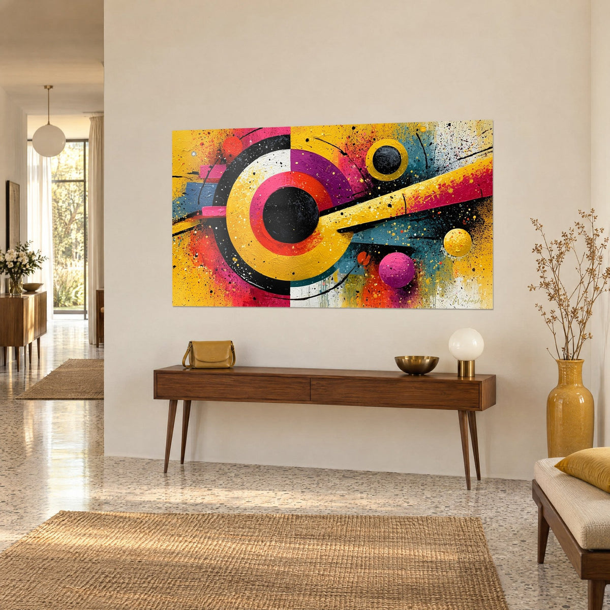 Wall art nested circles in mustard yellow and magenta, diagonal yellow line, on a beige wall, dark wooden console