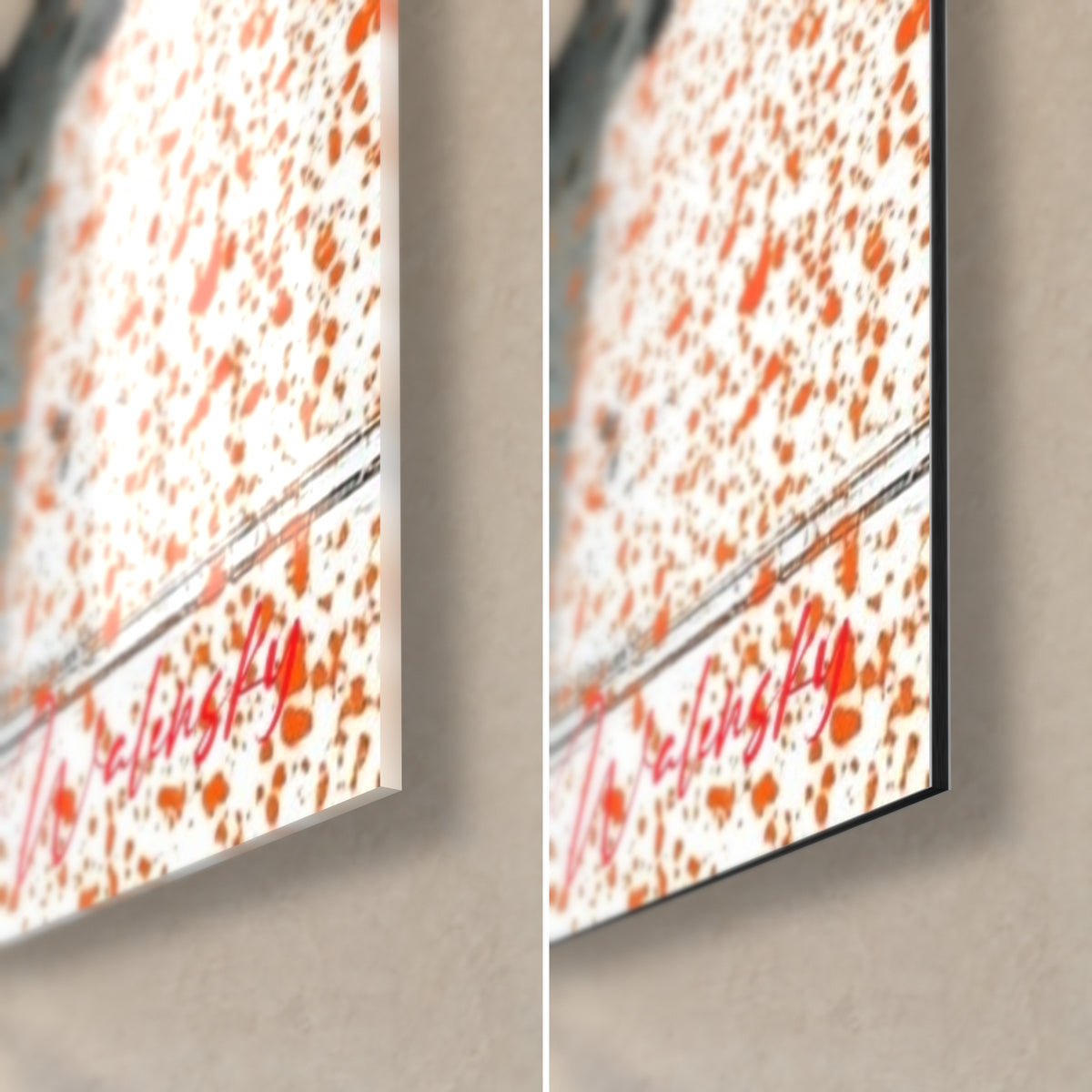 Quadro cerchi astratti rossi e arancioni, angolo in basso a destra: vetro acrilico lucido e alluminio Dibond opaco, spessore 3 mm