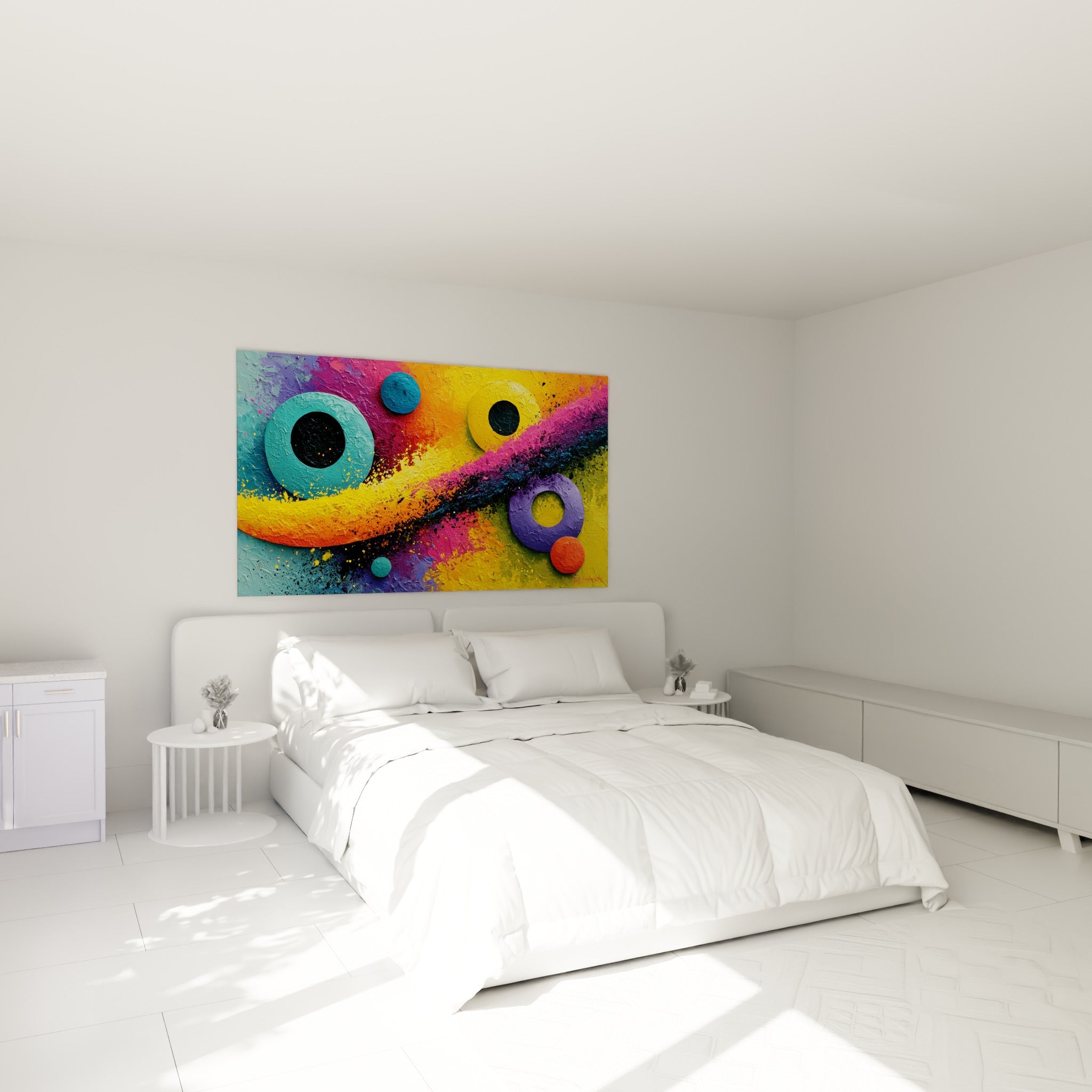 Cercles colorés jaune et turquoise éclaboussés au-dessus d'un lit dans une chambre claire