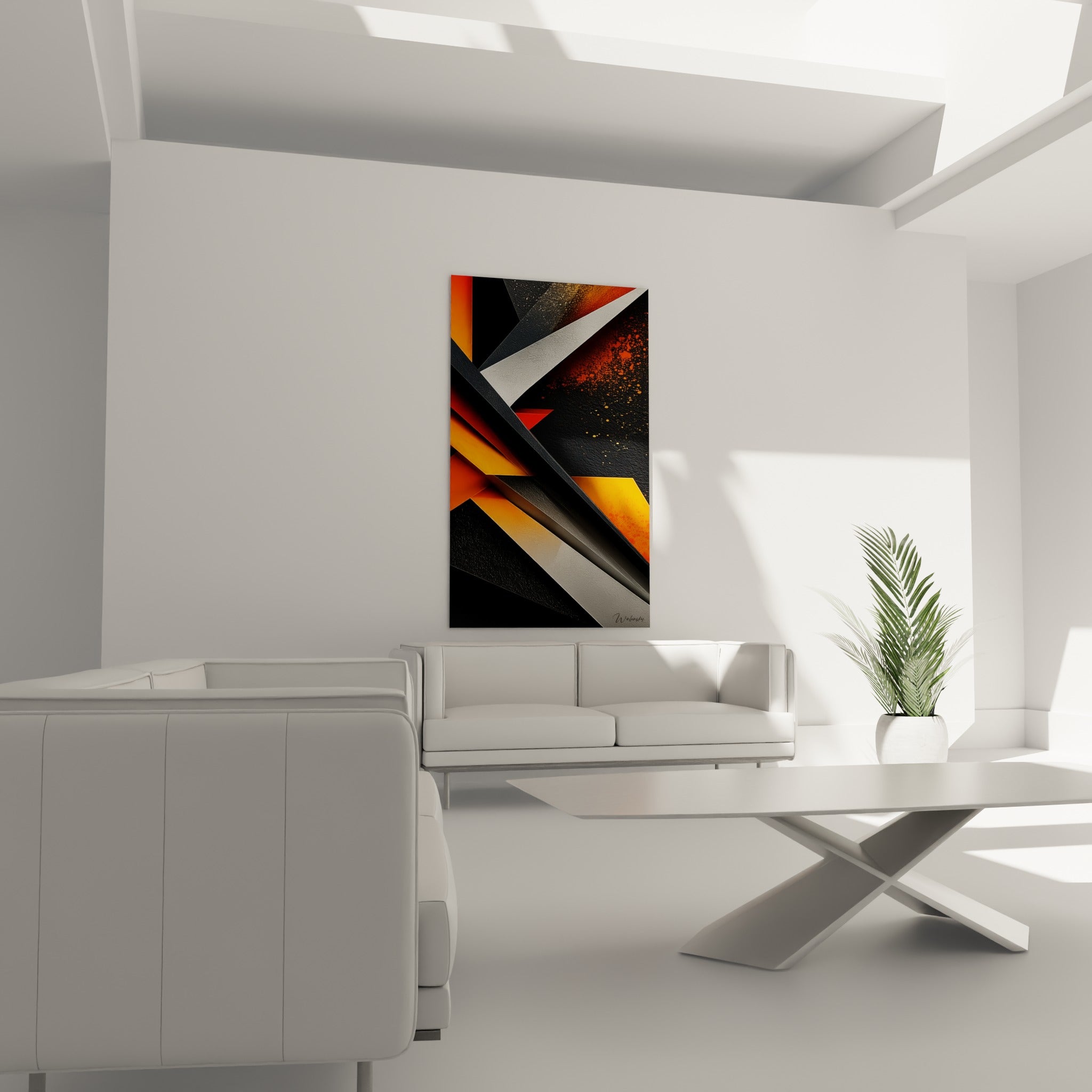 Diagonales fauve et noires en tension, tableau géométrique abstrait au-dessus d'un canapé dans un salon lumineux