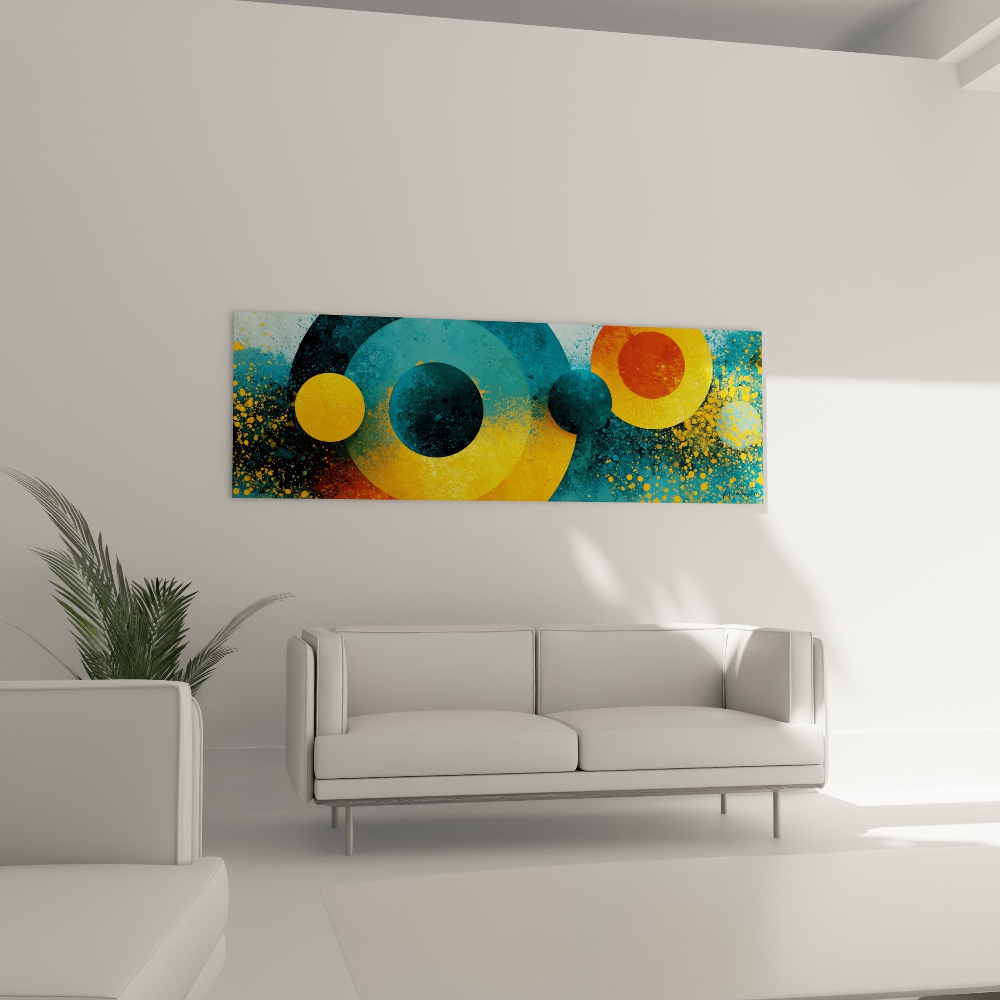 Éclipse de cercles ocre et bleu sarcelle, tableau géométrique abstrait au-dessus d'un canapé dans un salon lumineux