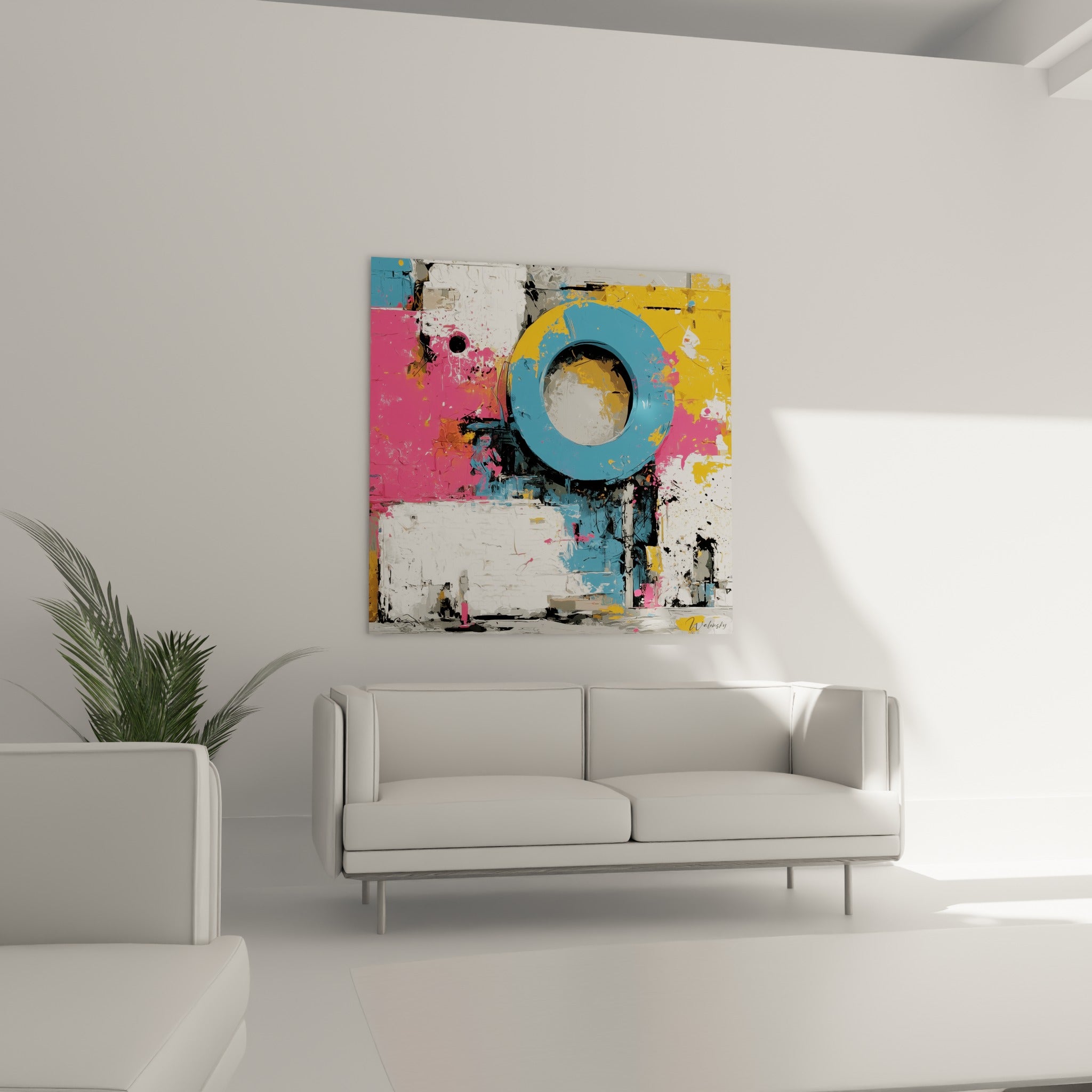 Composition abstraite bleu et rose fuchsia à empâtements marqués, au-dessus d'un canapé dans un salon lumineux