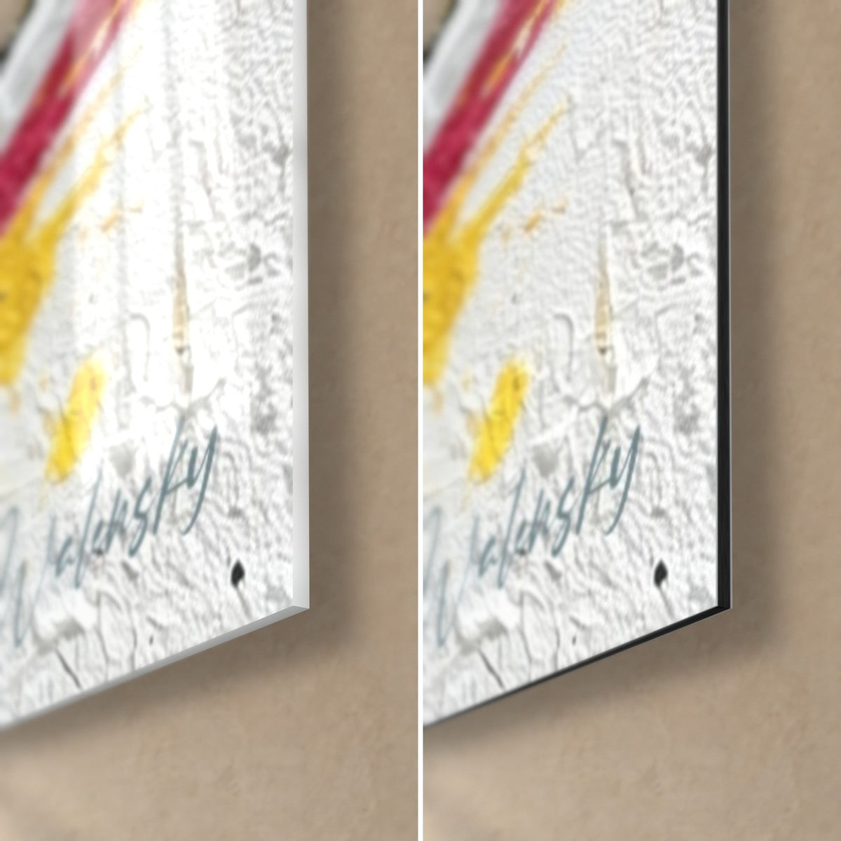 Wall art with pop circles in thick impasto, white and yellow corner bottom right, 3 mm edge, glossy acrylic glass and matte Dibond