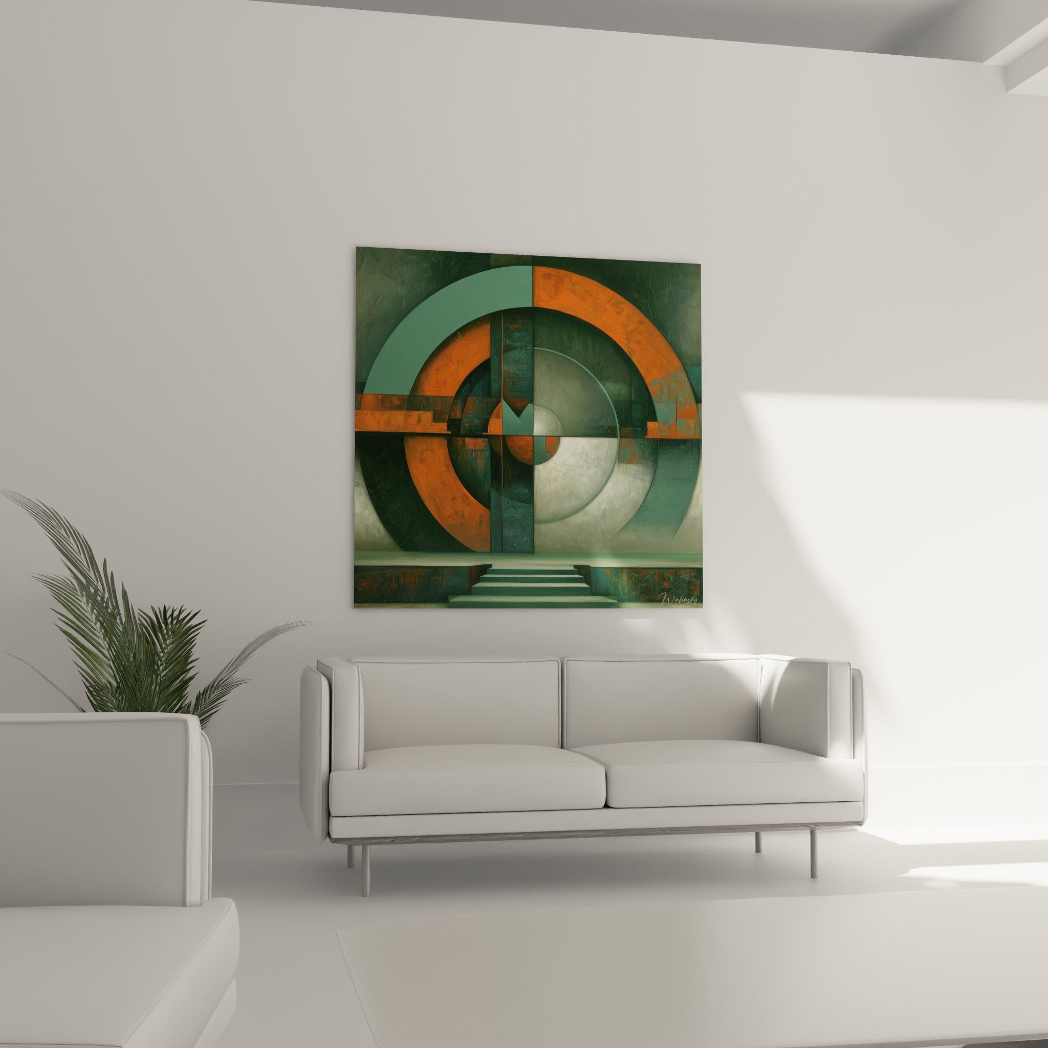 Composition géometrique abstrait anthracite et orange traversée d'un escalier, au-dessus d'un canapé dans un salon lumineux