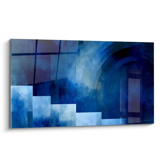 Escalier géométrique abstrait en bleu marine et bleu pastel, formes architecturales et arche sombre