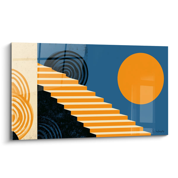 Tableau Escalier orange vers un soleil bleu - Ascension solaire - Edition géometrique abstrait