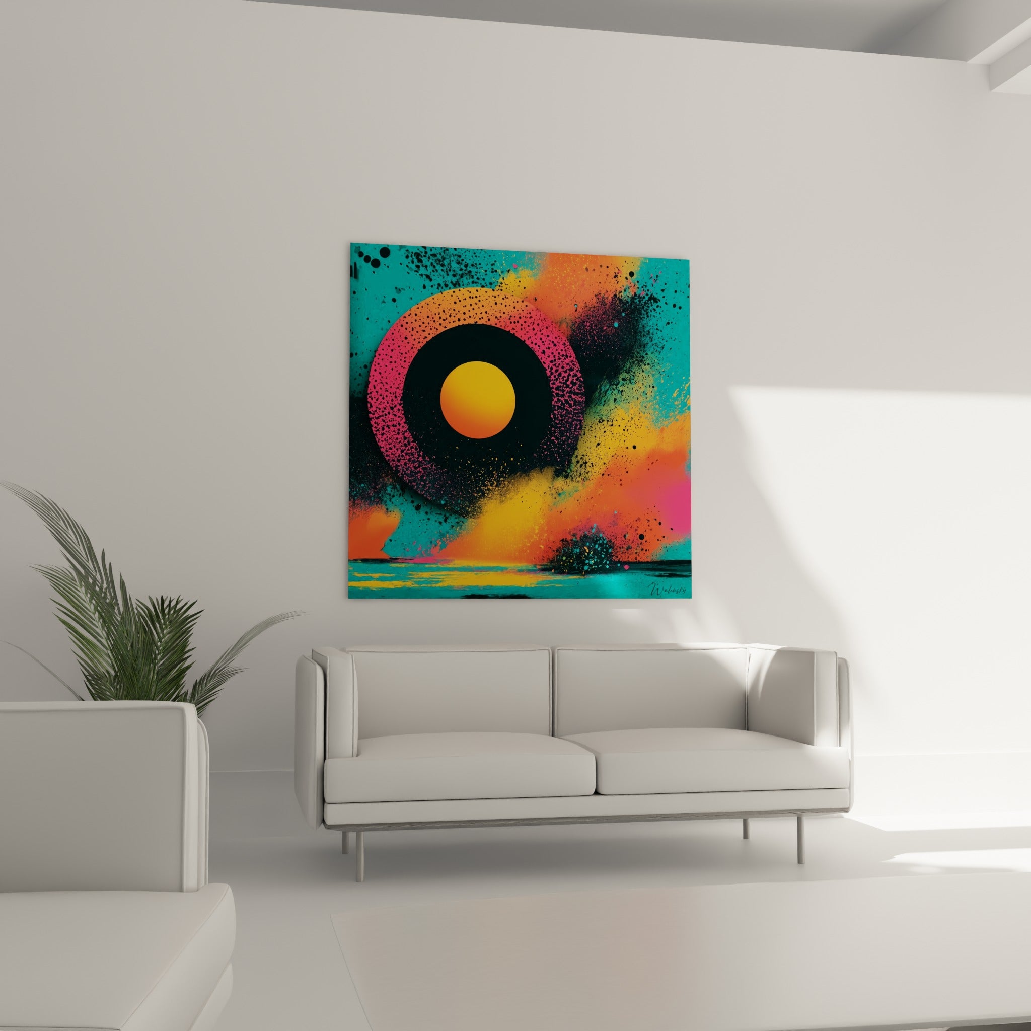 Explosion chromatique noire et jaune de ce tableau geometrique abstrait au-dessus d'un canapé dans un salon lumineux