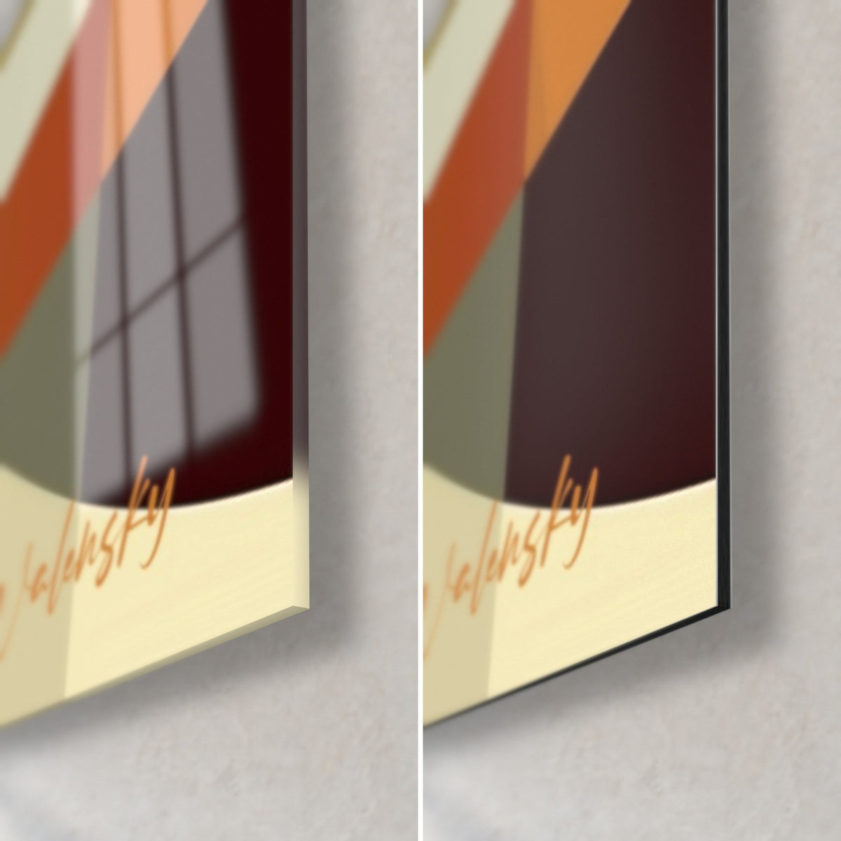 Cuadro perfil femenino fragmentado, esquina inferior derecha ocre y burdeos, cristal acrílico brillante a la izquierda y aluminio Dibond mate a la derecha, canto de 3 mm