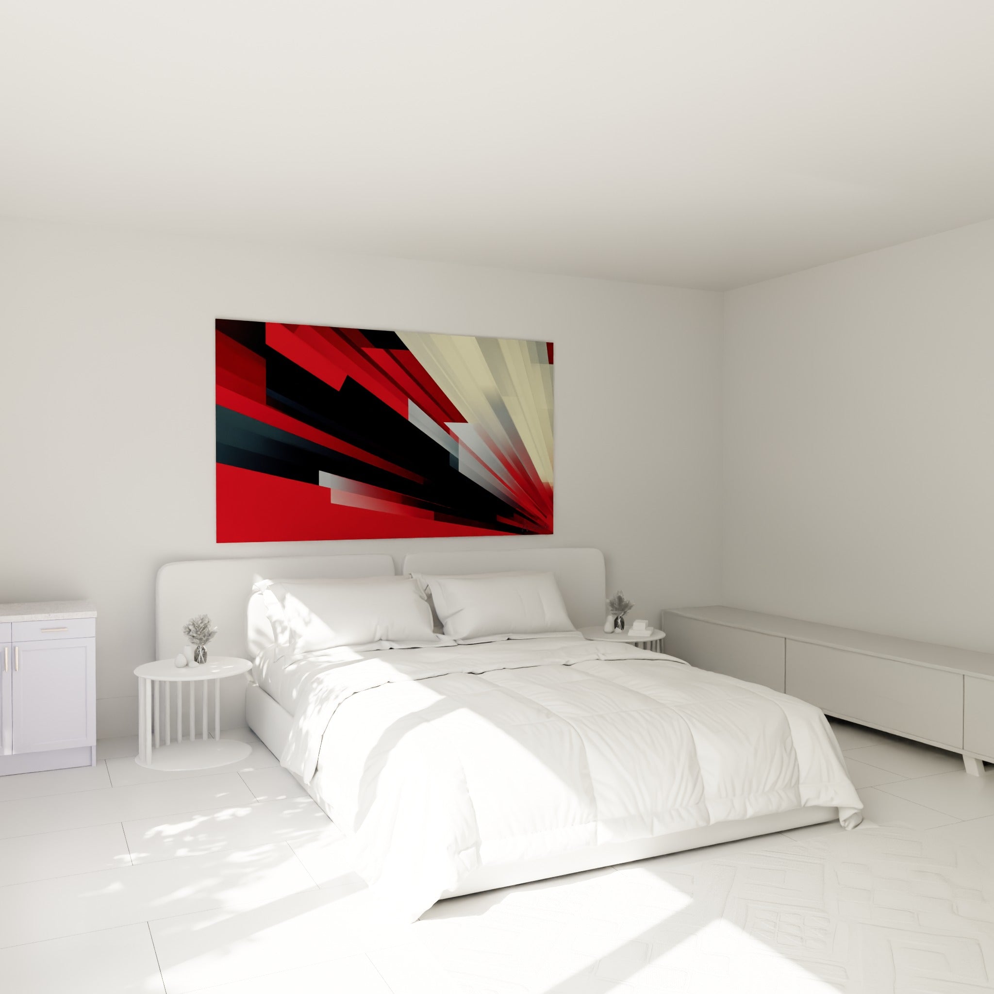 Diagonales rouge vif et beige clair de ce tableau géométrique abstrait, au-dessus d'un lit dans une chambre claire