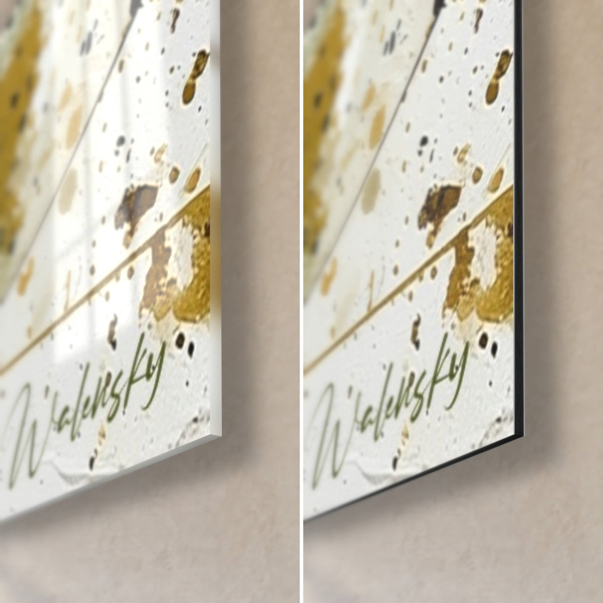Wall art of a ballet of golden circles, olive touches and white brushstrokes, bottom right corner in glossy glass and matte Dibond aluminium, black edge