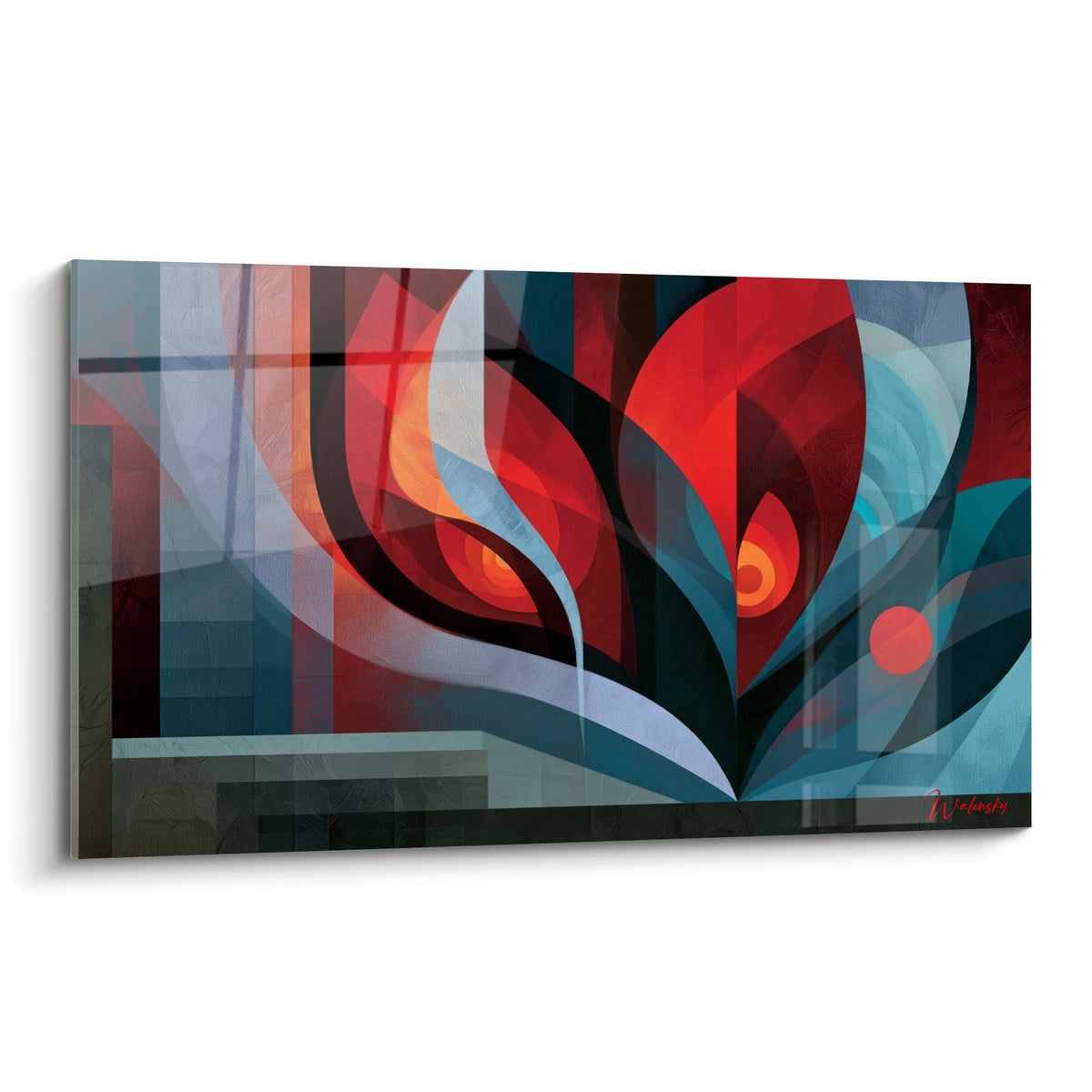 Flamme géométrique abstraite en rouge terracotta et bleu pétrole sur fond de bandes anthracite