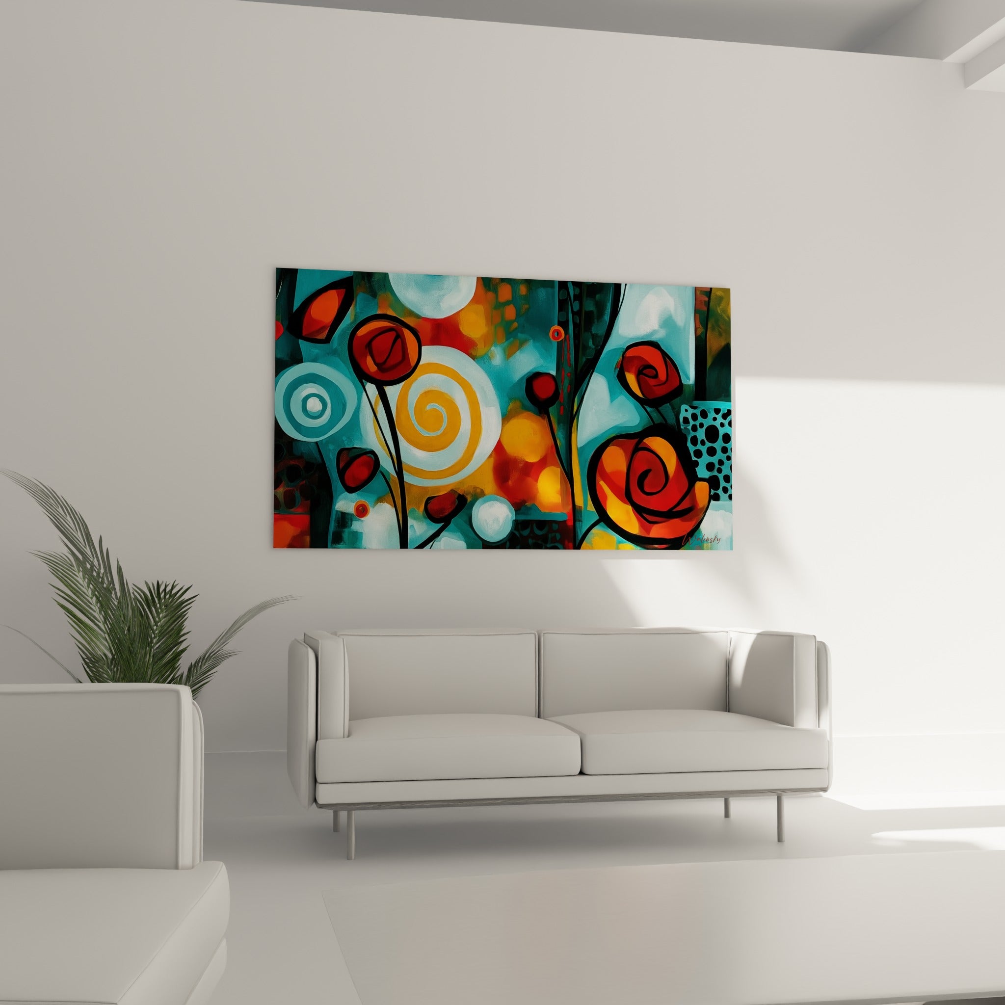 Pétales rouges et volutes orangées apaisantes au-dessus d'un canapé dans un salon lumineux