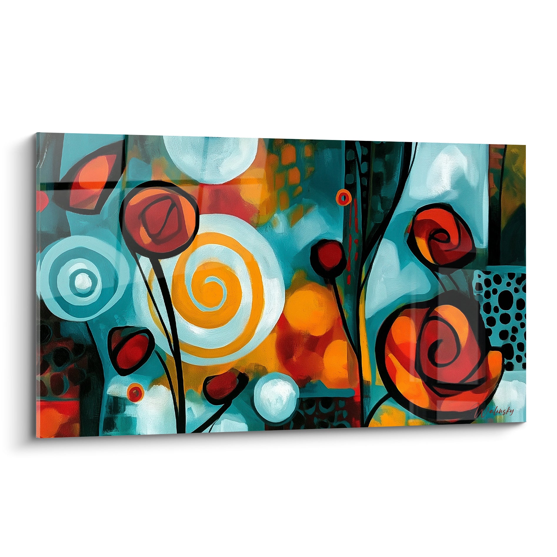 Fleurs stylisées bleu sarcelle et orange en spirales sur fond graphique texturé, art abstrait floral
