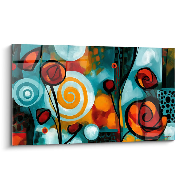 Tableau Fleurs stylisées bleu sarcelle et orange - Jardin en spirales - Edition géometrique abstrait